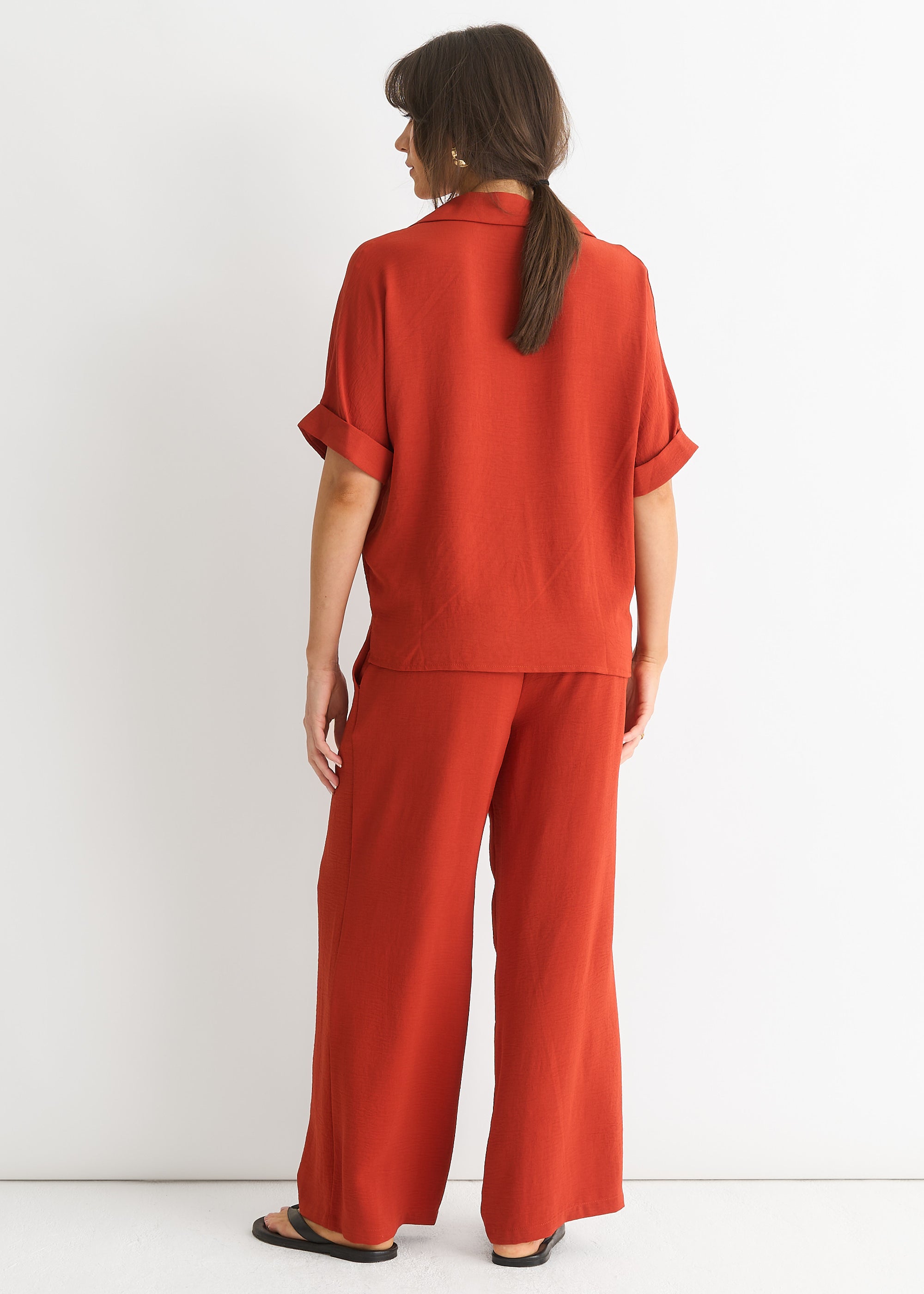 Rust Elastic Waist Wide Leg Trousers