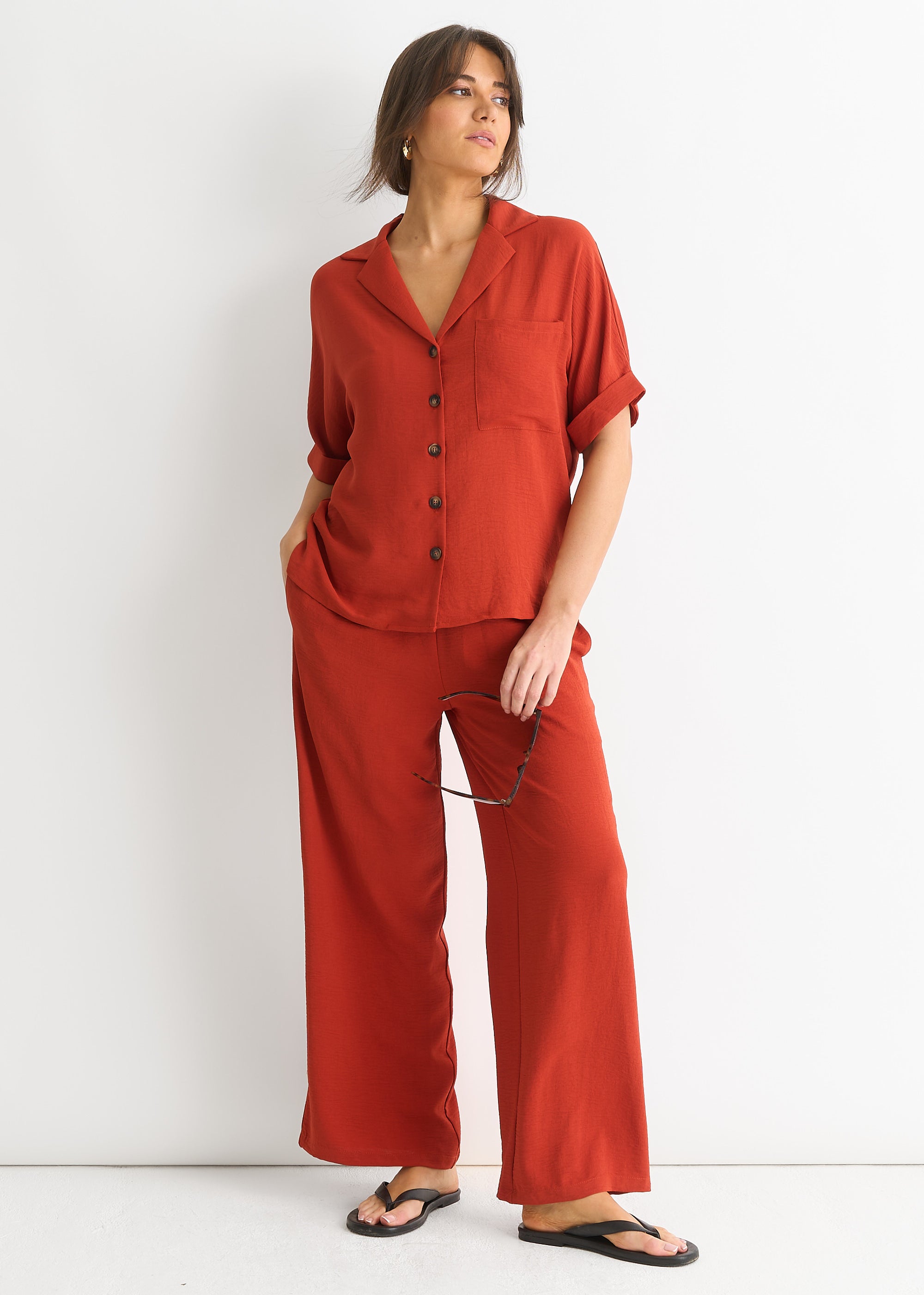 Rust Elastic Waist Wide Leg Trousers