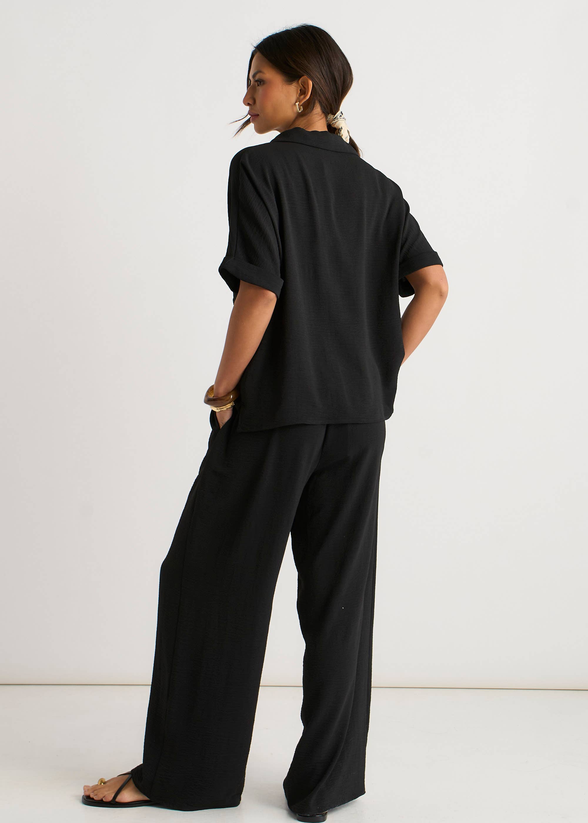 Black Elastic Waist Wide Leg Trousers
