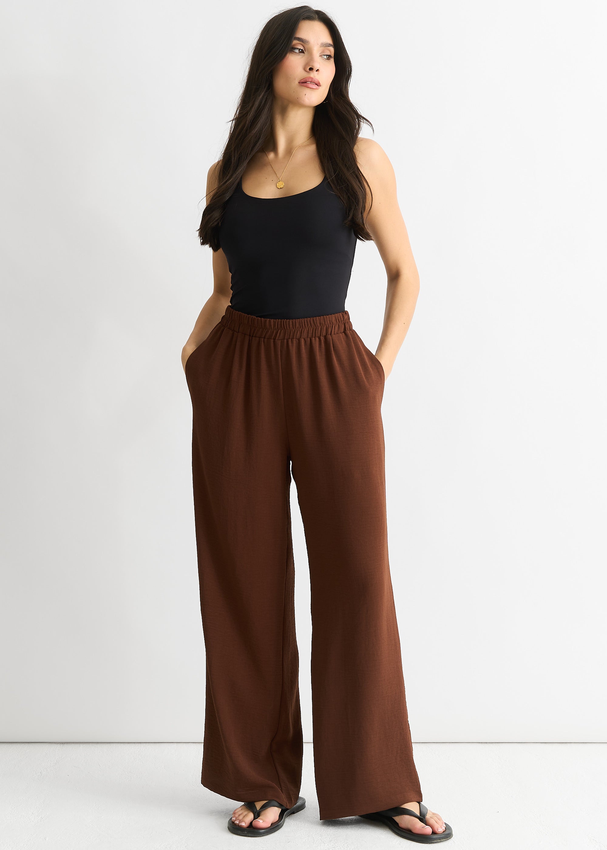 Brown Elasticated Waist Wide Leg Trousers