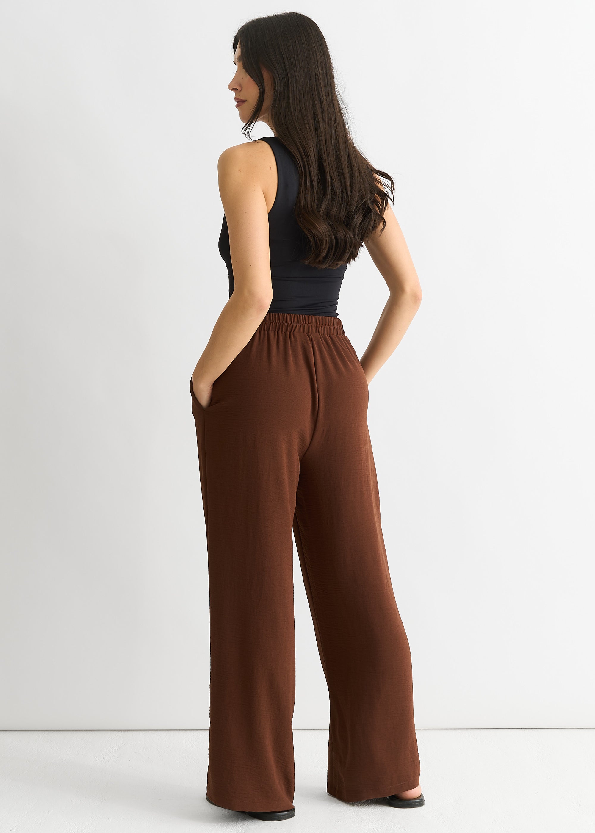 Brown Elasticated Waist Wide Leg Trousers