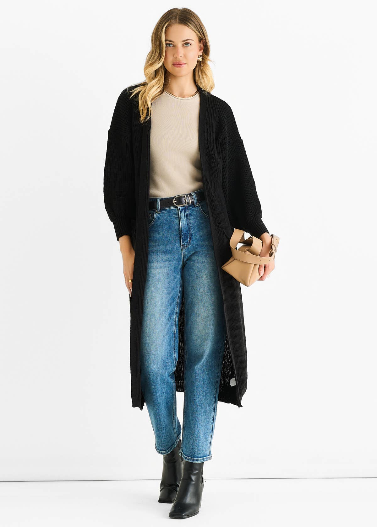 Black Chunky Knit Long Cardigan – View 1 | Gini London