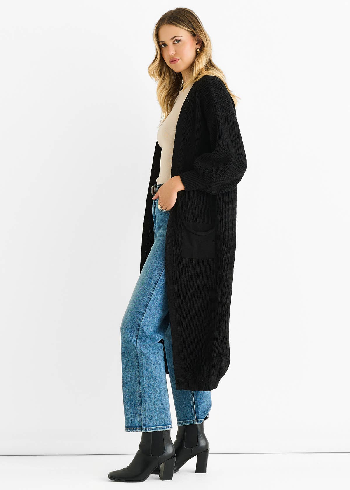 Black Chunky Knit Long Cardigan – View 4 | Gini London