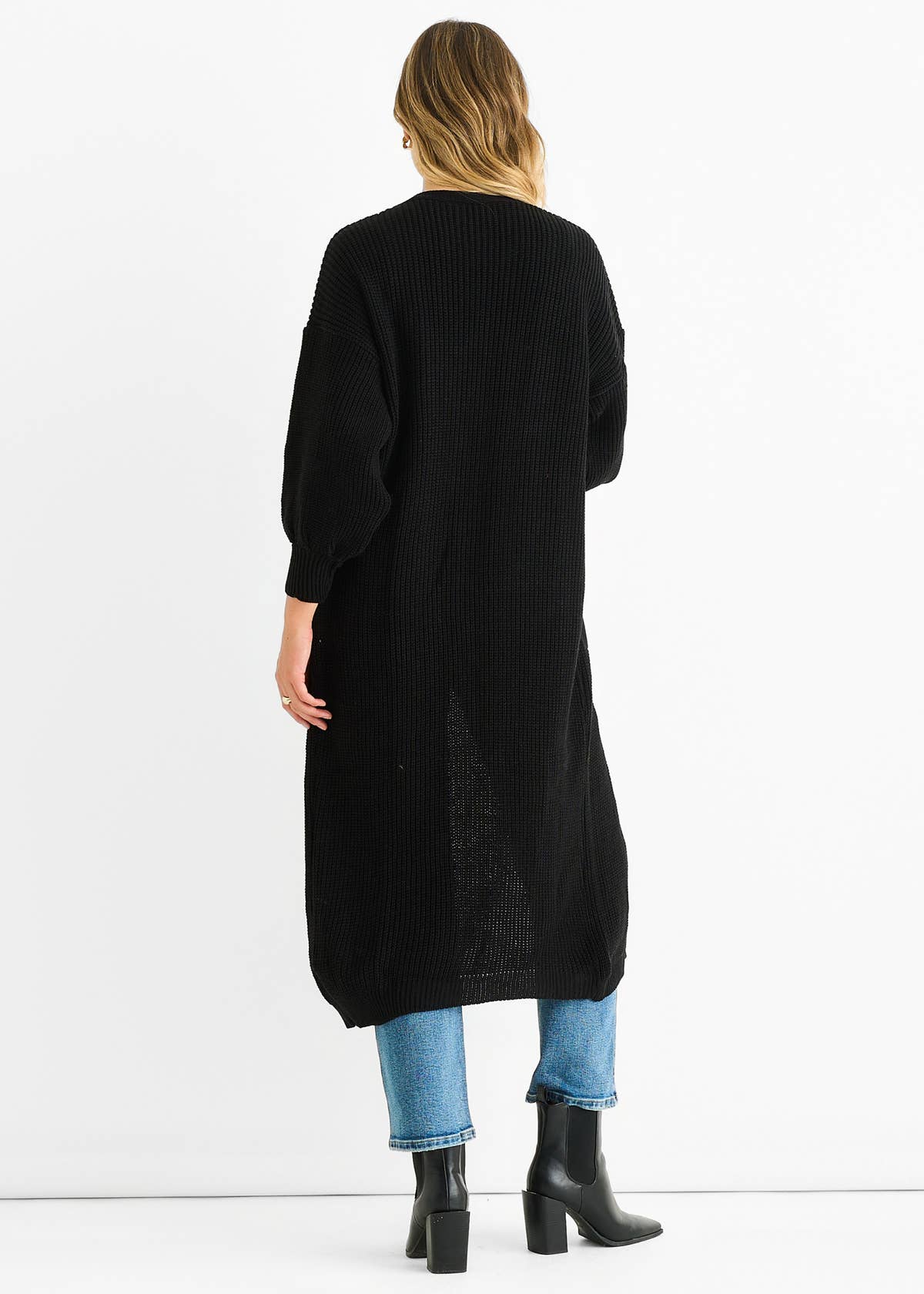 Black Chunky Knit Long Cardigan – View 2 | Gini London