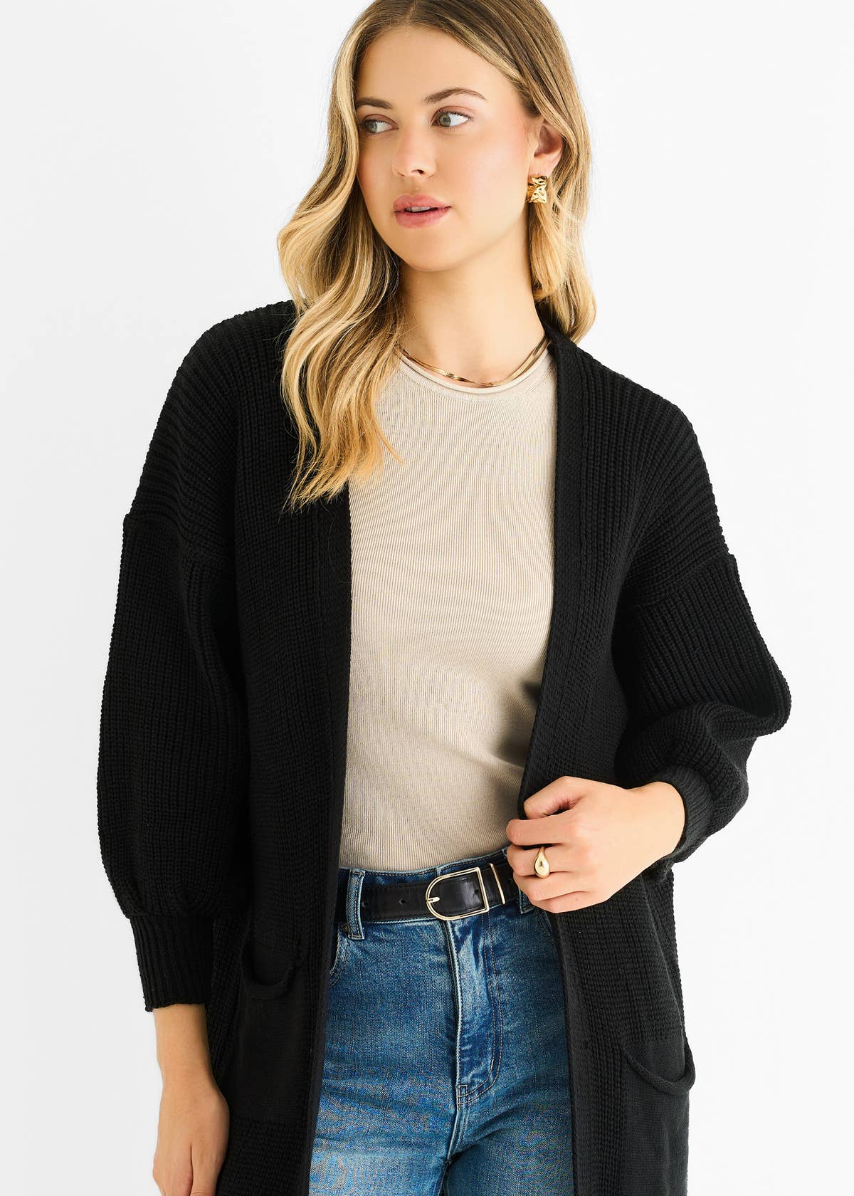 Black Chunky Knit Long Cardigan – View 3 | Gini London