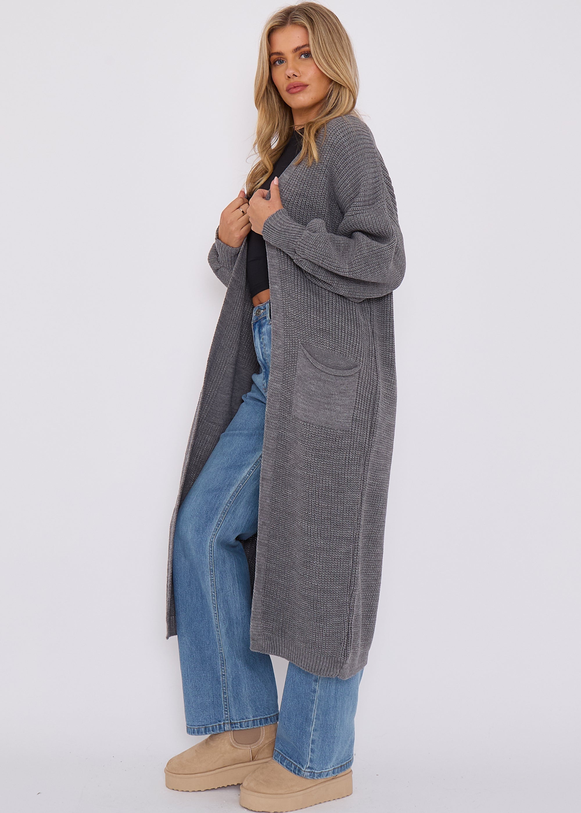 Dark Grey Chunky Knit Long Cardigan