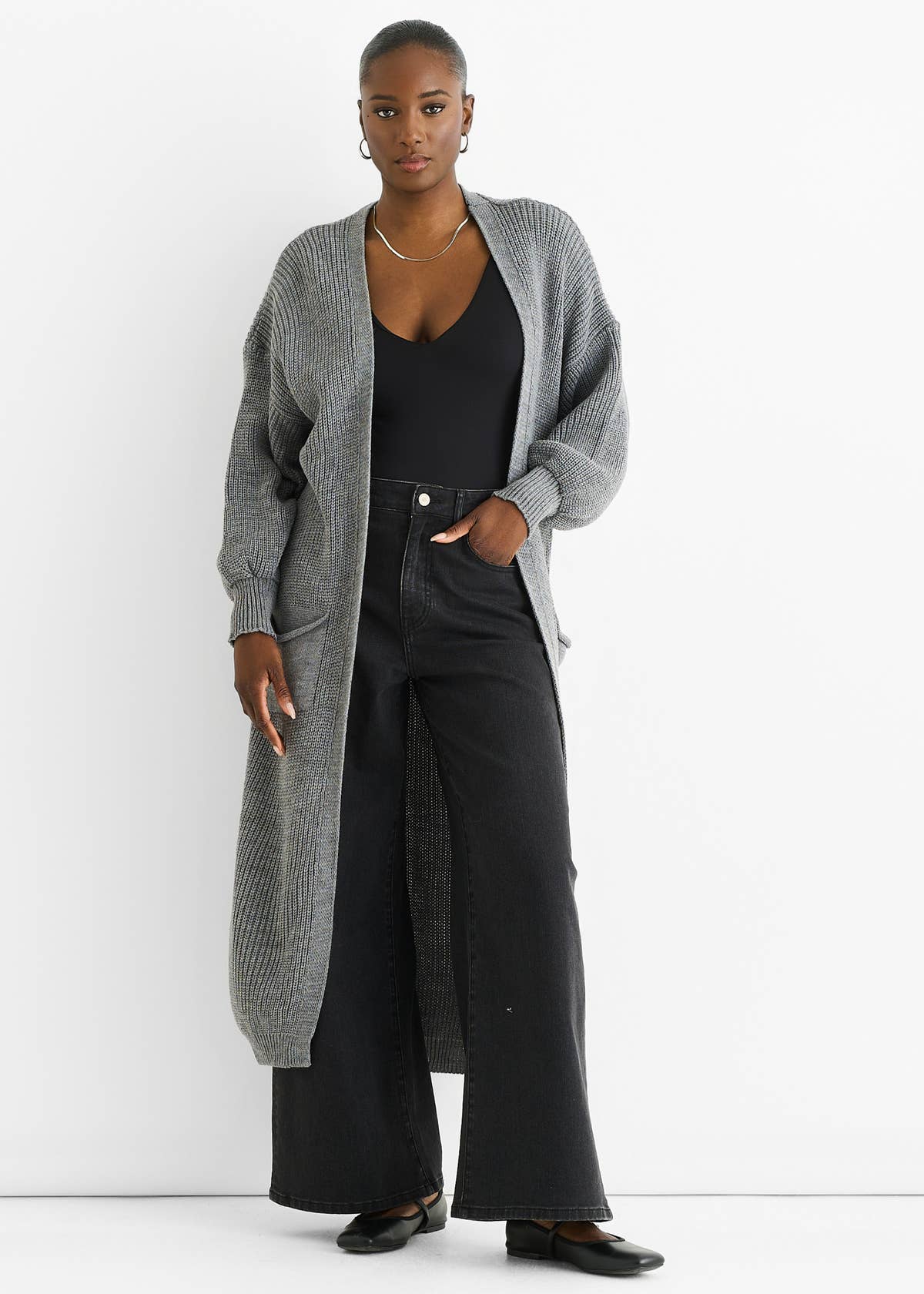 Dark Grey Chunky Knit Long Cardigan – View 1 | Gini London