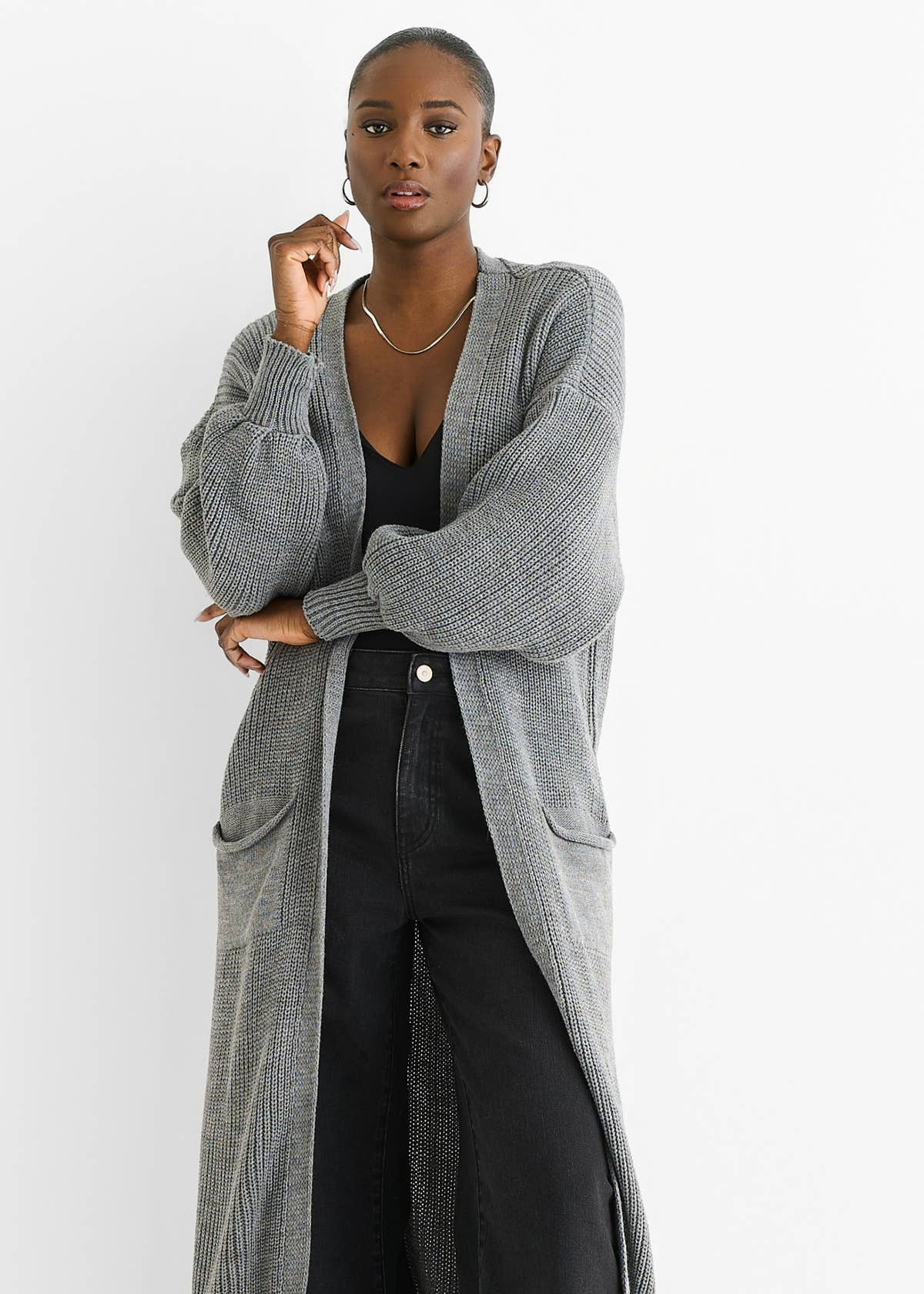 Dark Grey Chunky Knit Long Cardigan – View 3 | Gini London