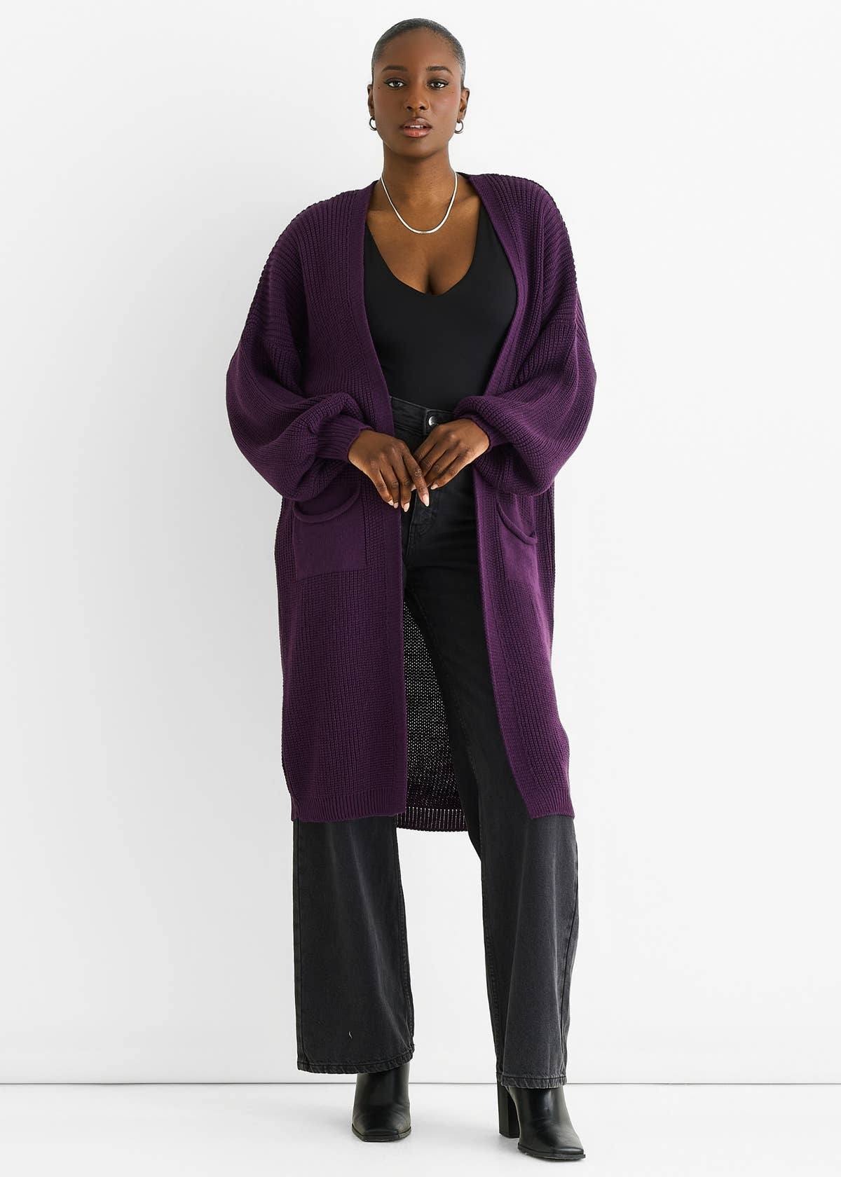 Purple Chunky Knit Long Cardigan – View 1 | Gini London