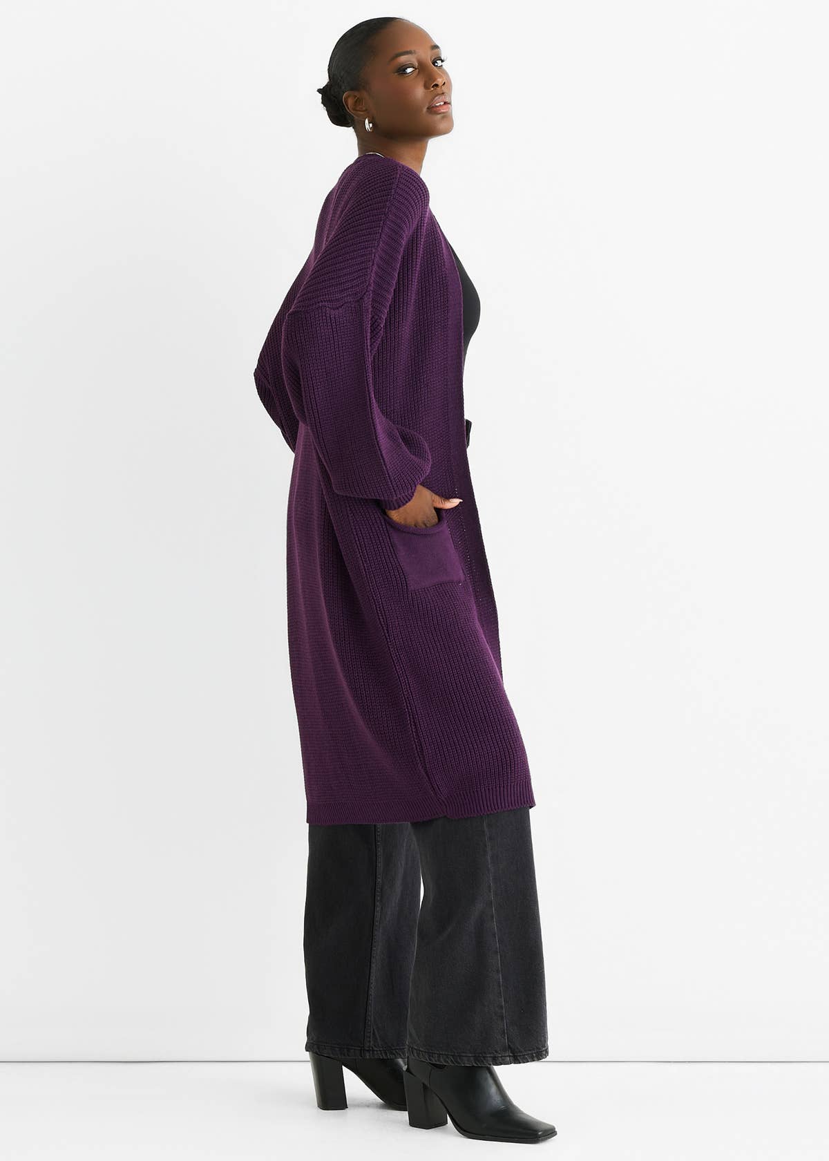 Purple Chunky Knit Long Cardigan – View 4 | Gini London