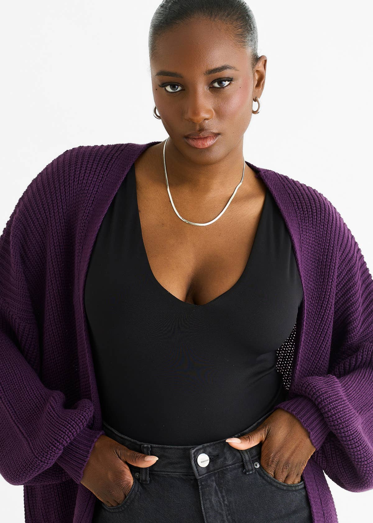 Purple Chunky Knit Long Cardigan – View 3 | Gini London