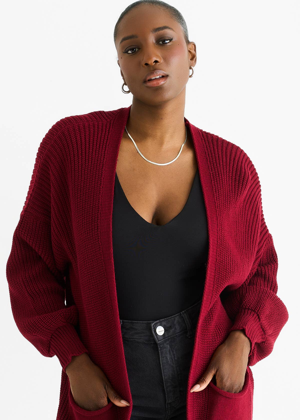 Red Chunky Knit Long Cardigan – View 3 | Gini London