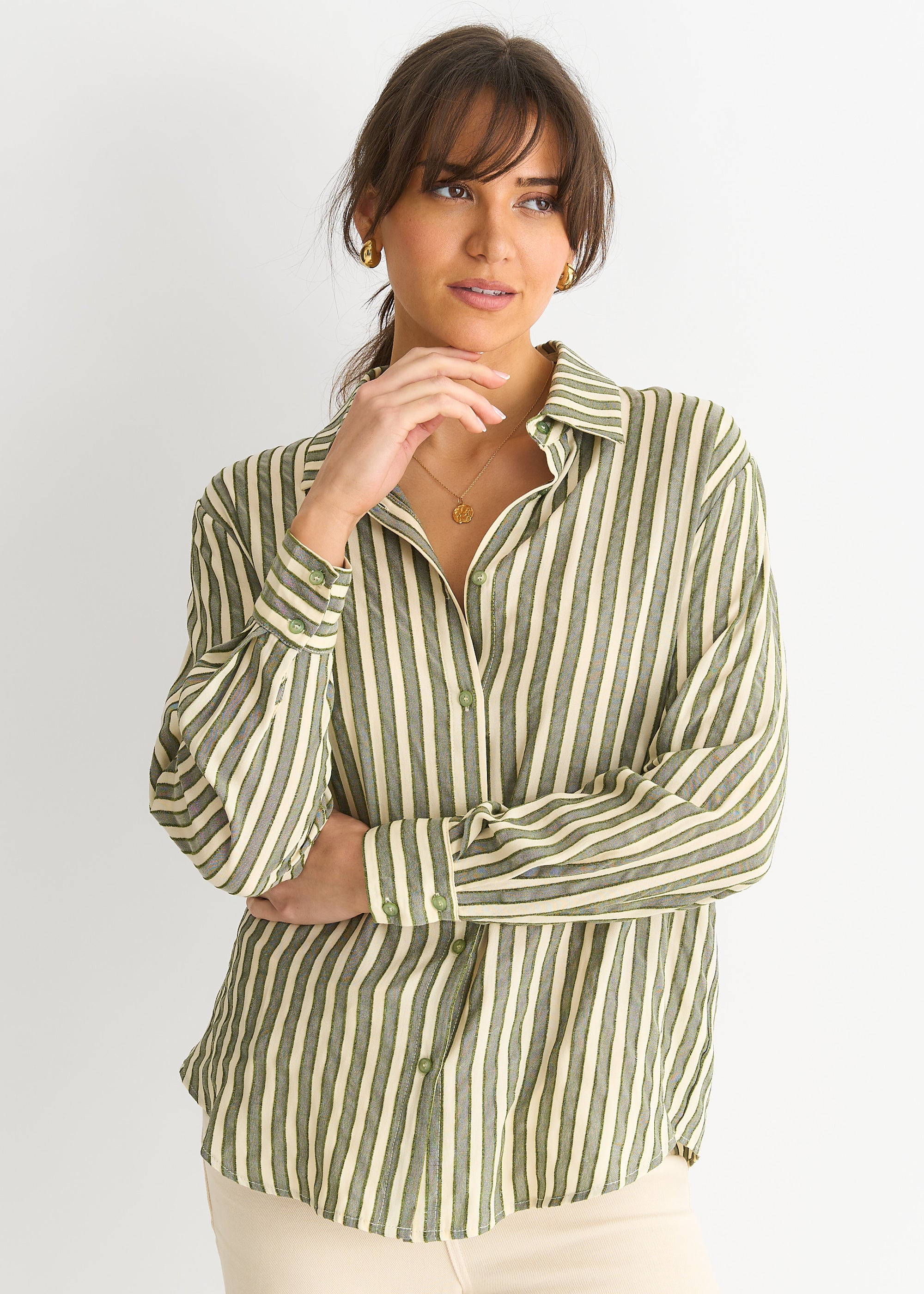 Khaki Stripe Viscose Oversized Shirt