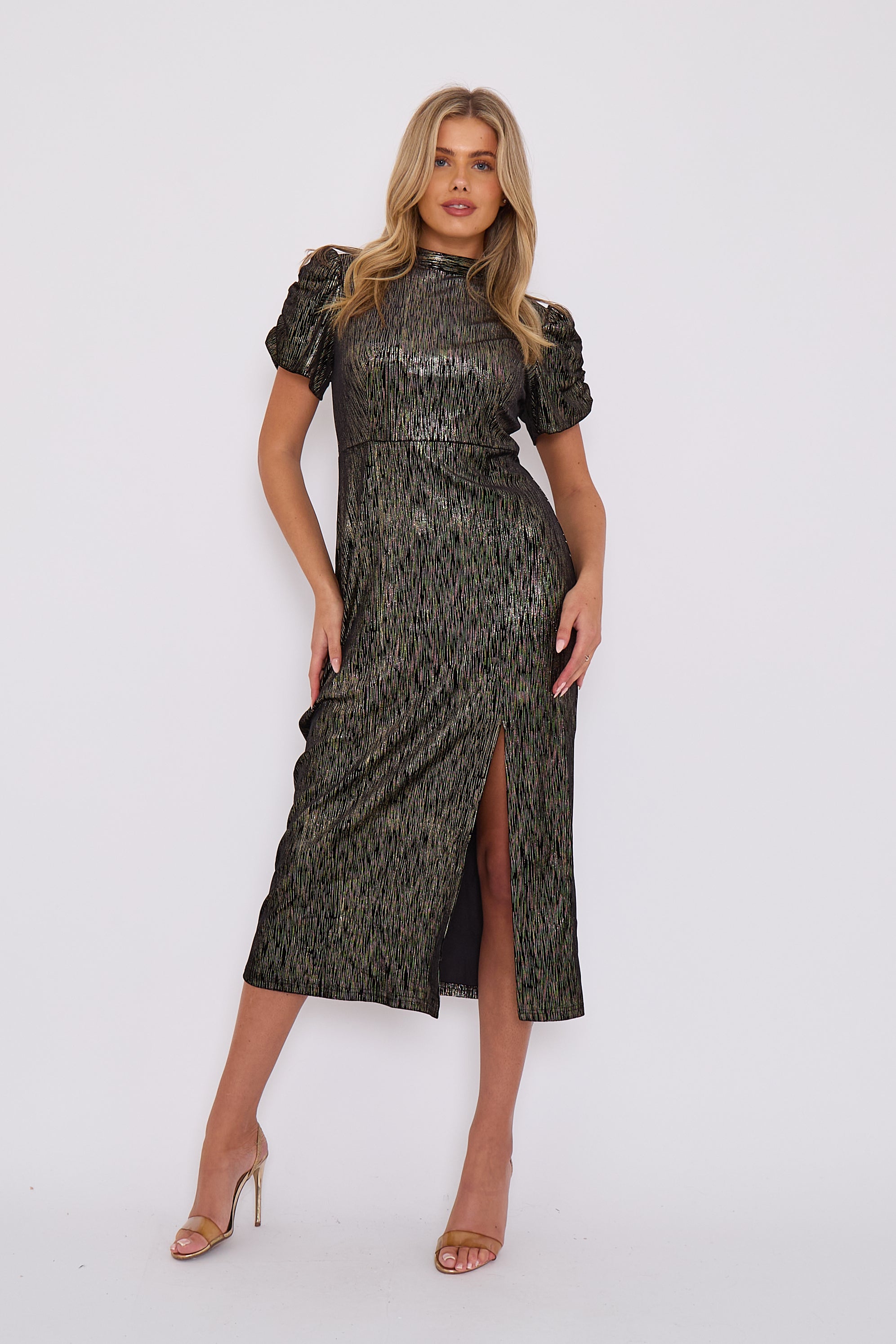 Black Foil Velour Midi Dress