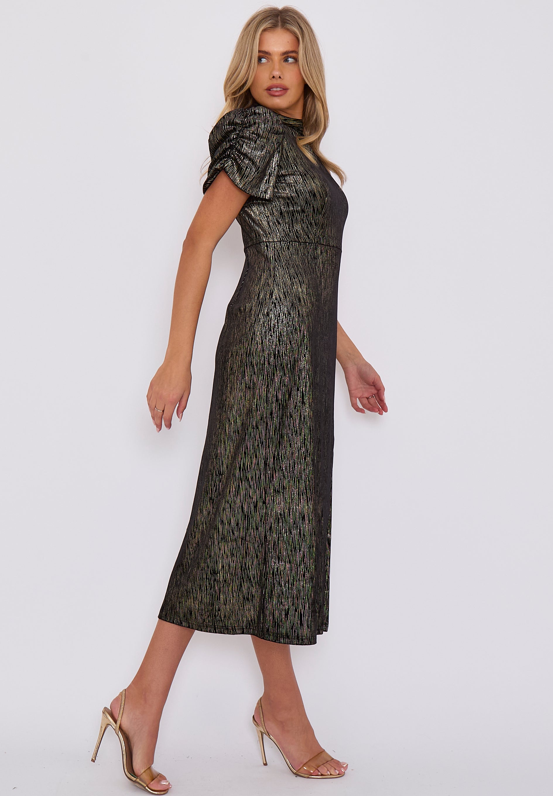 Black Foil Velour Midi Dress