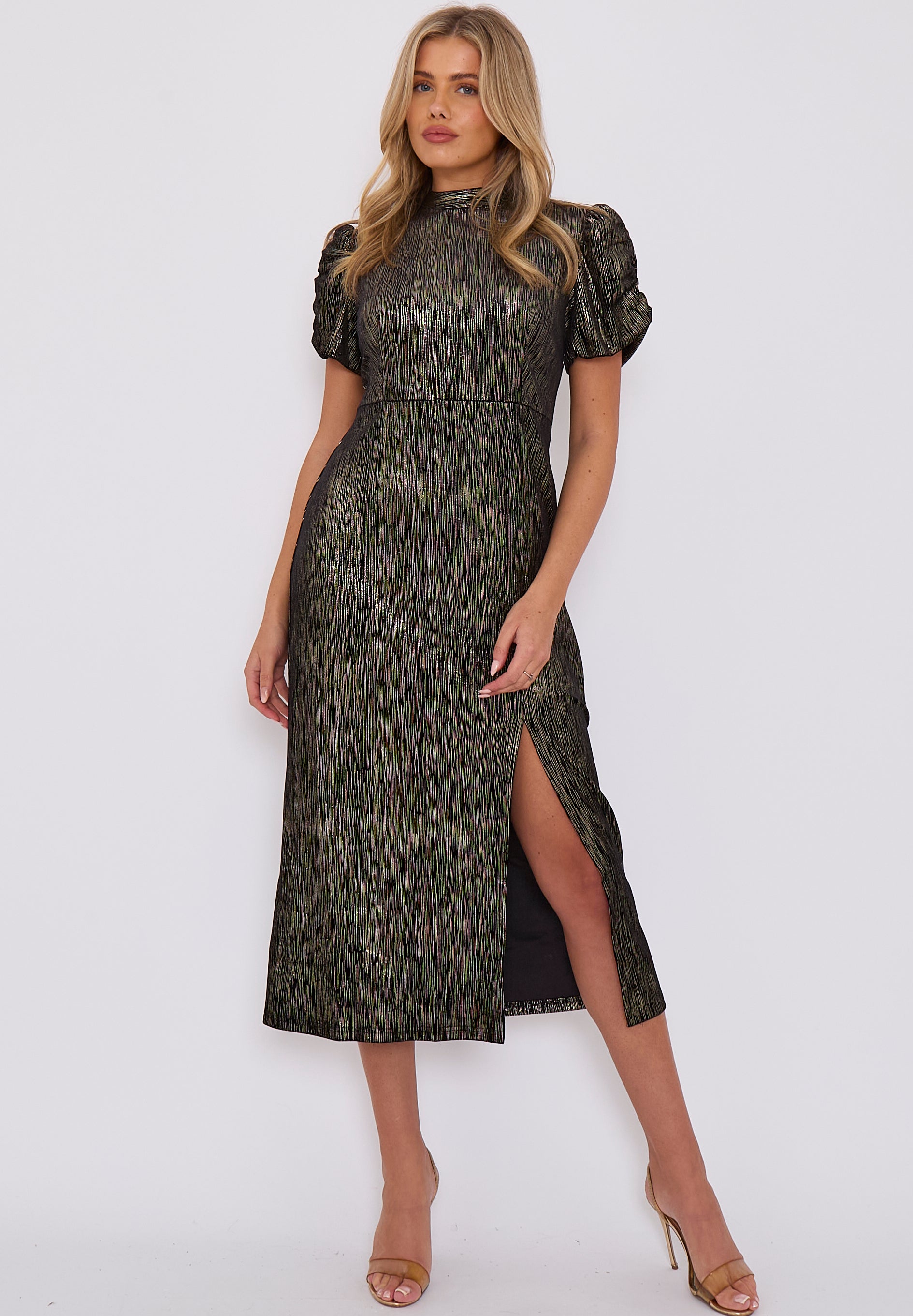 Black Foil Velour Midi Dress