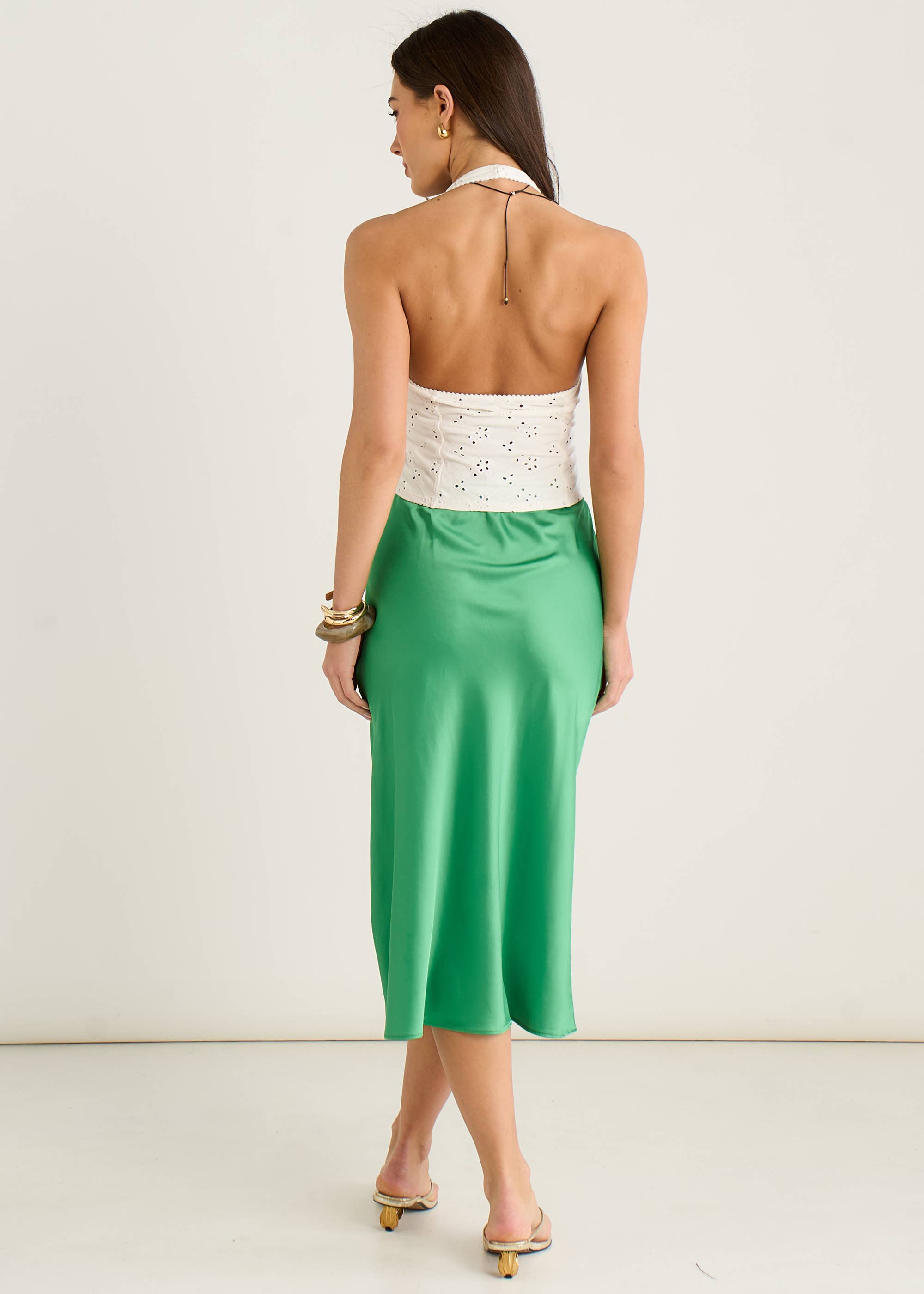 Green Satin High Waist Midi Skirt