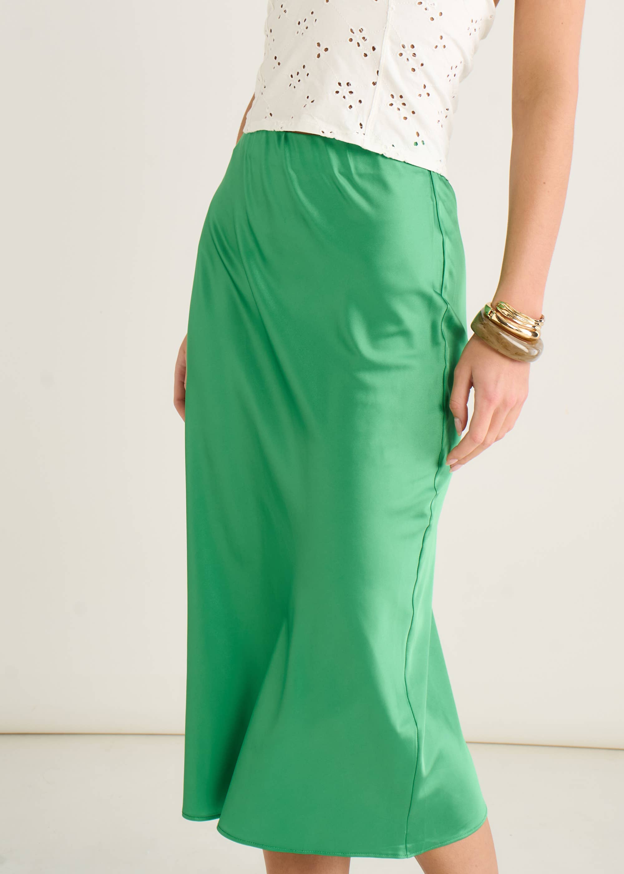 Green Satin High Waist Midi Skirt