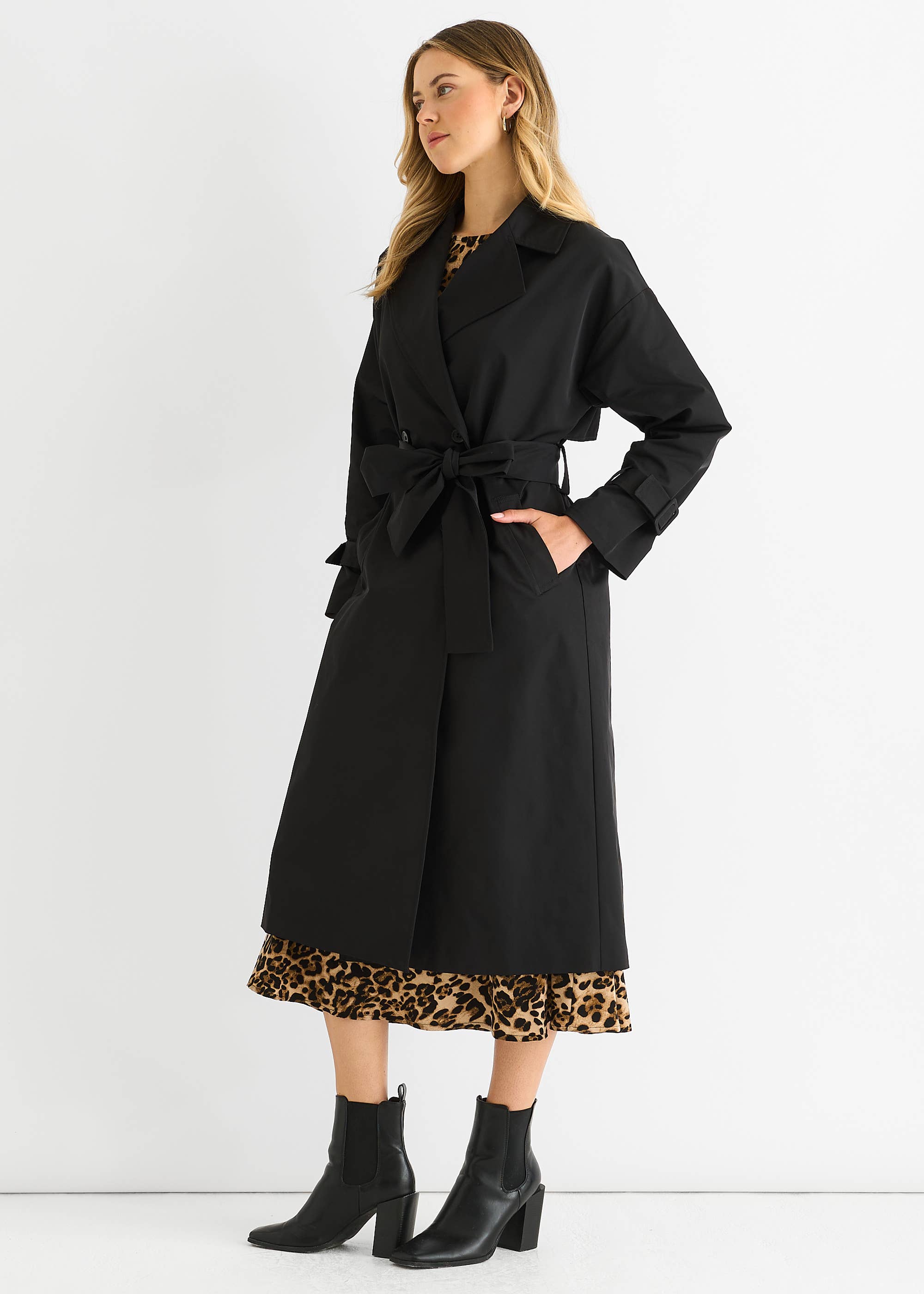 Black Double Breast Longline Belted Trench Coat