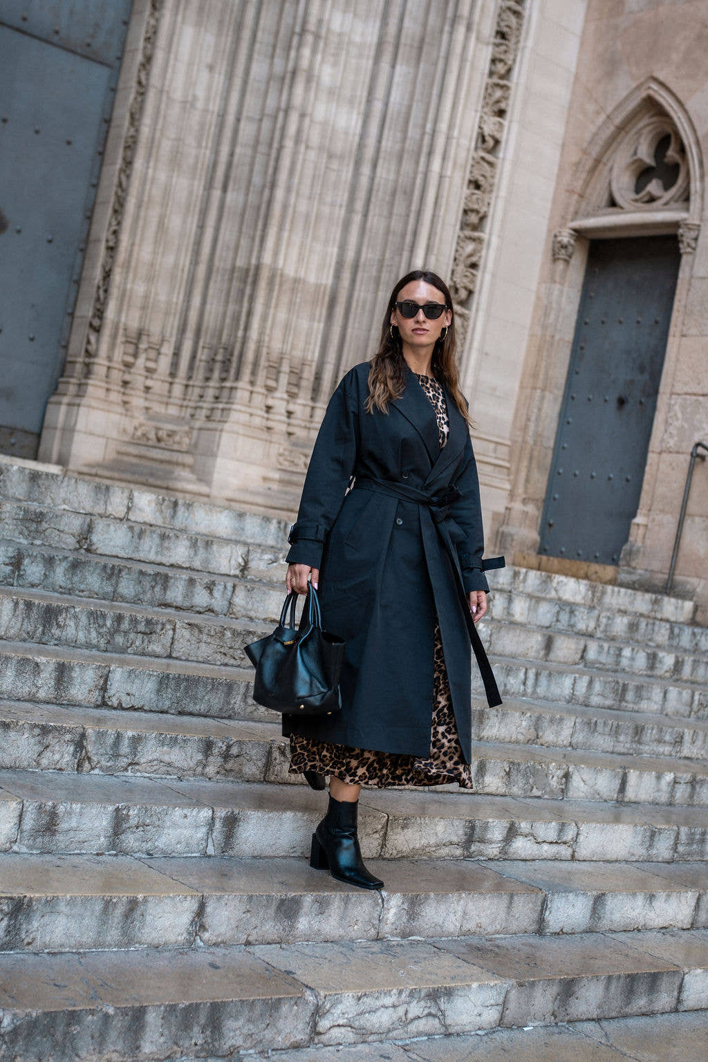 Black Double Breast Longline Belted Trench Coat
