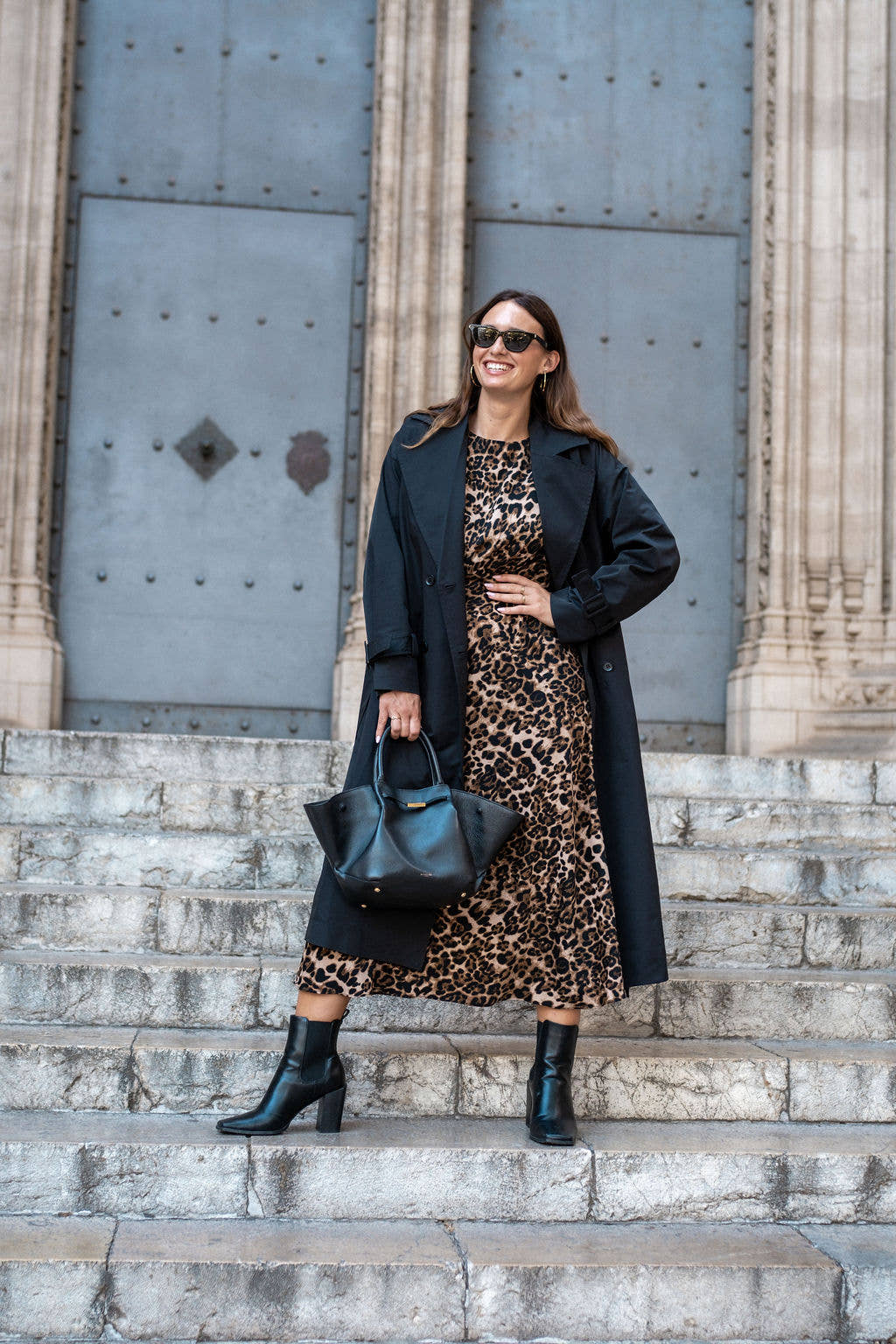 Black Double Breast Longline Belted Trench Coat