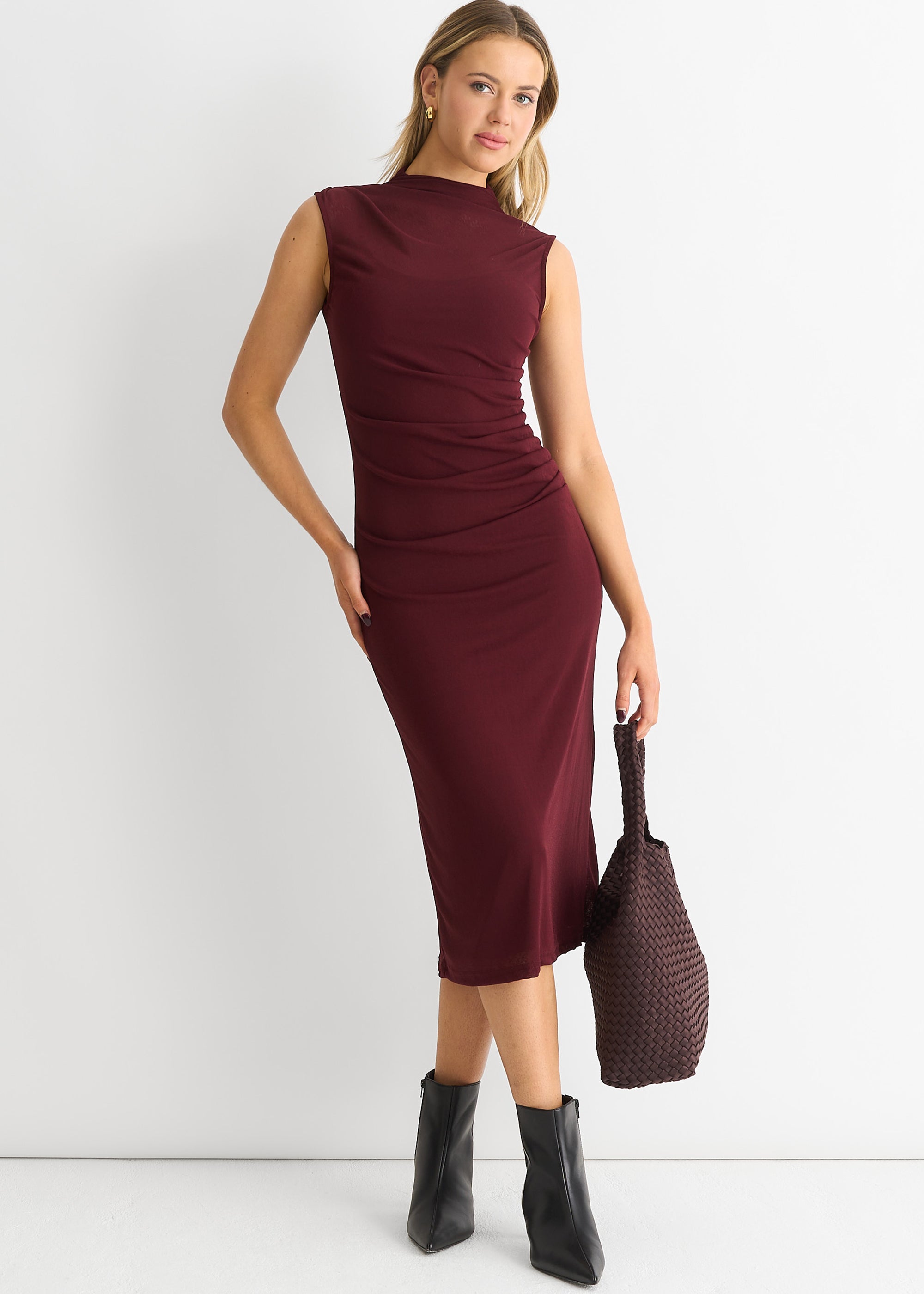 Plain Ruched Jersey Midi Dress