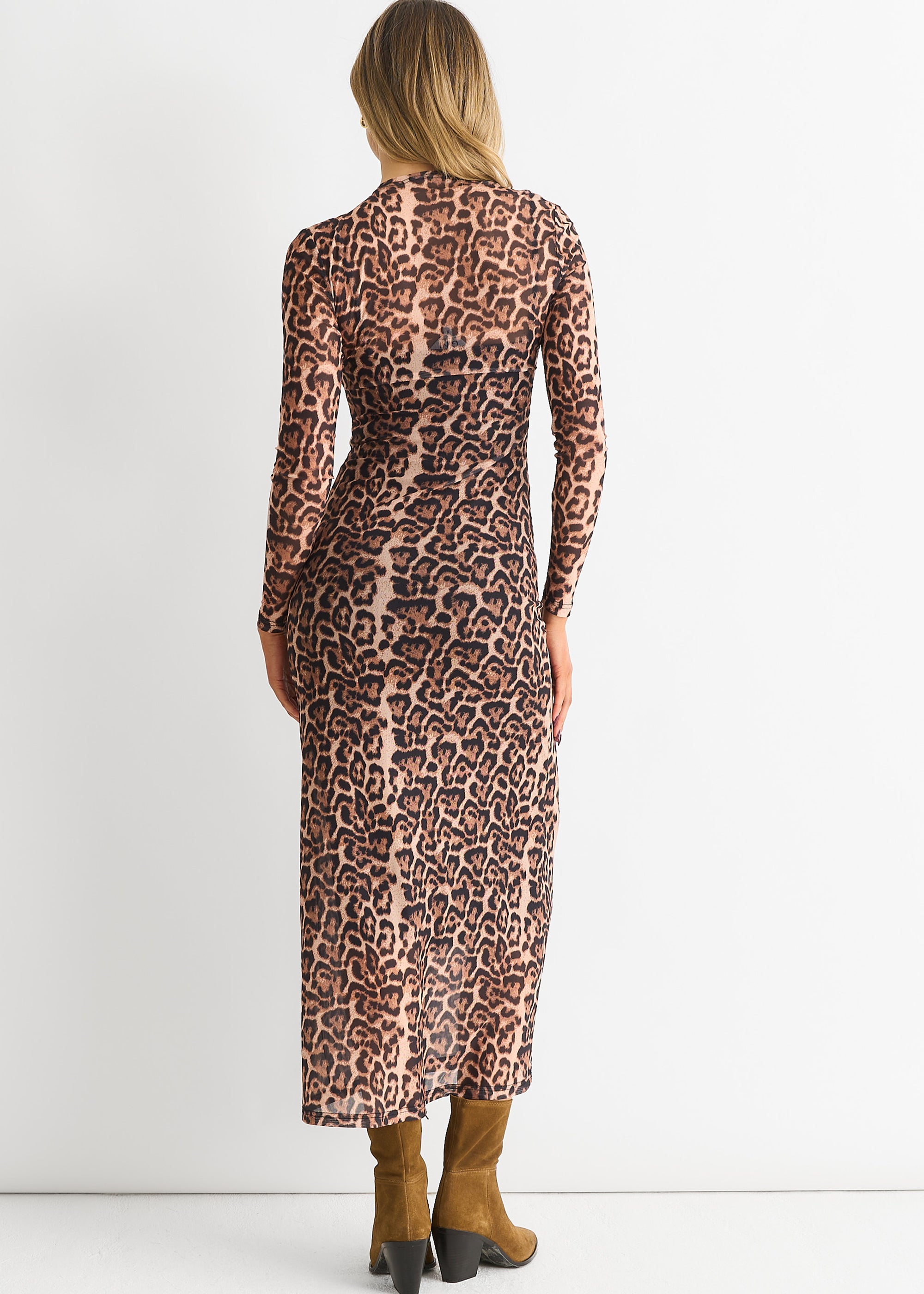 Brown Mesh Animal Print Jersey Maxi Dress