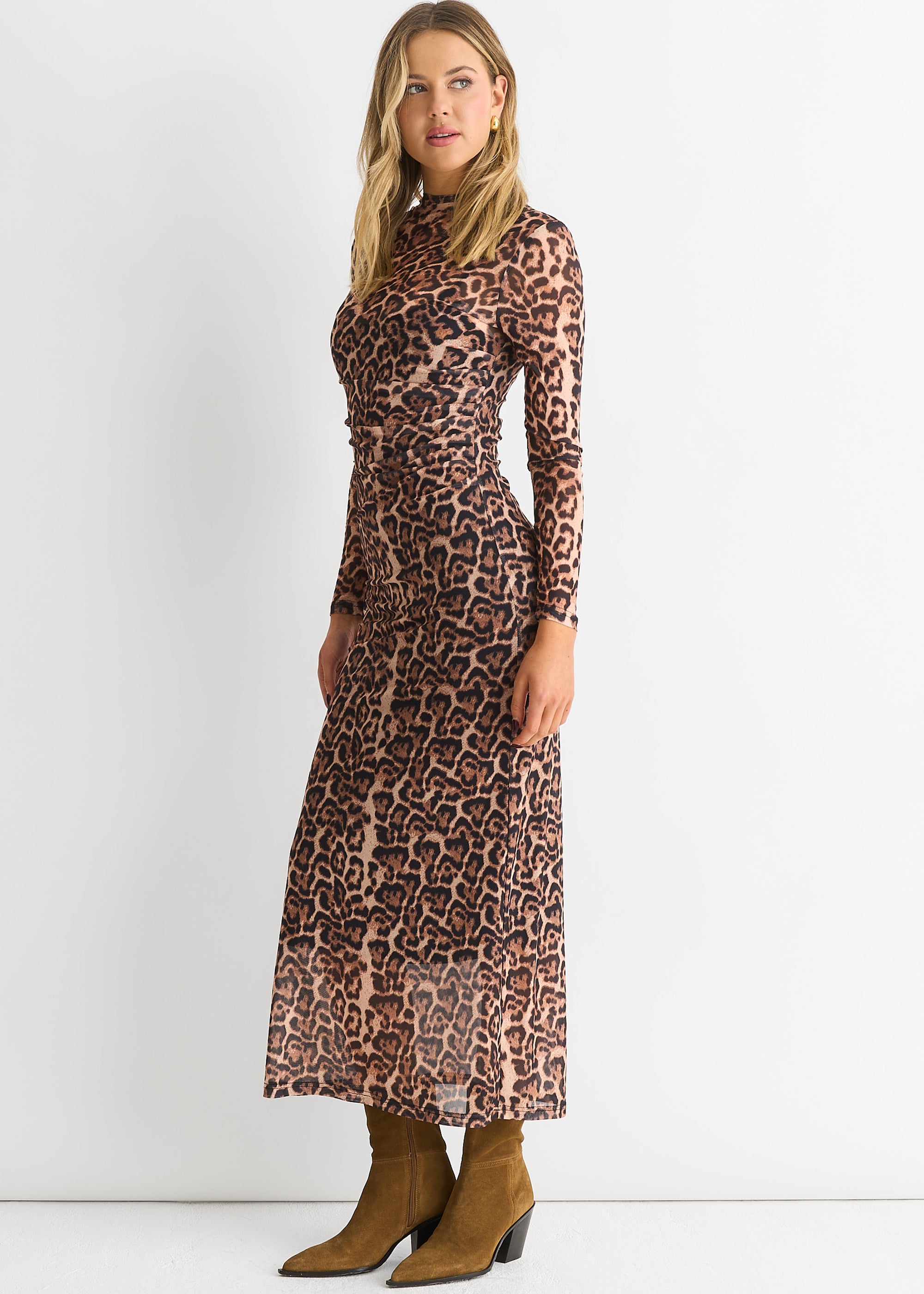 Brown Mesh Animal Print Jersey Maxi Dress