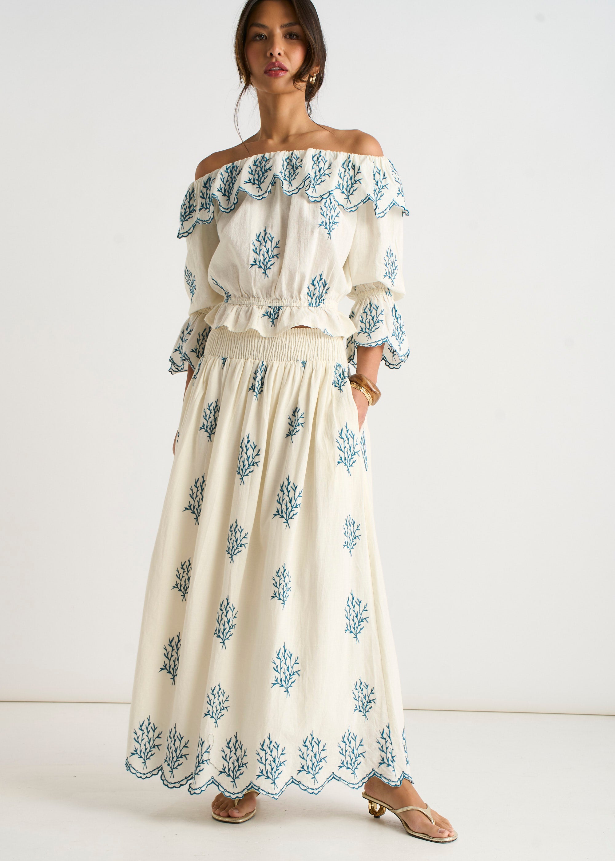 Marshmallow Cotton Embroidered Skater Maxi Skirt