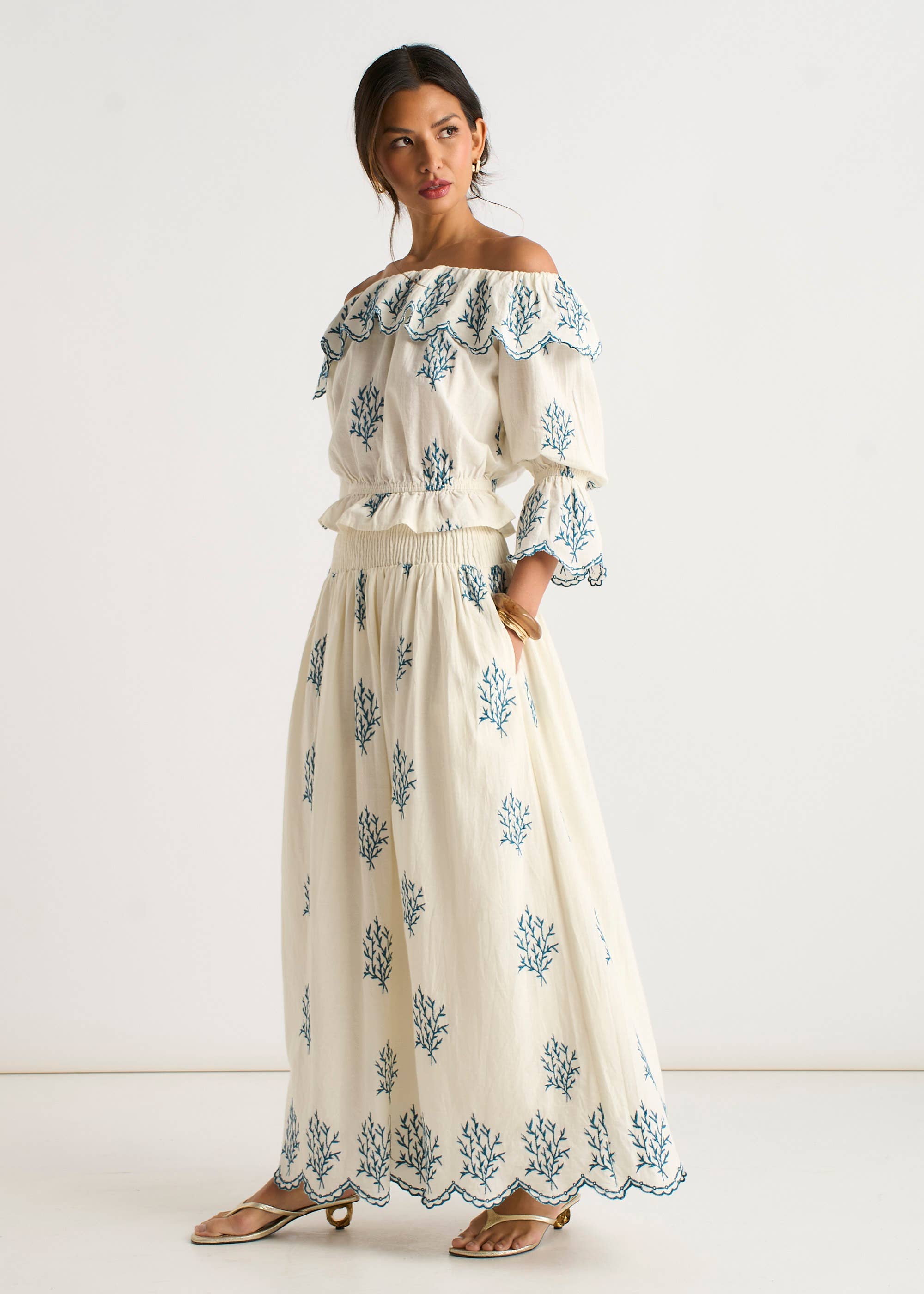 Marshmallow Cotton Embroidered Skater Maxi Skirt