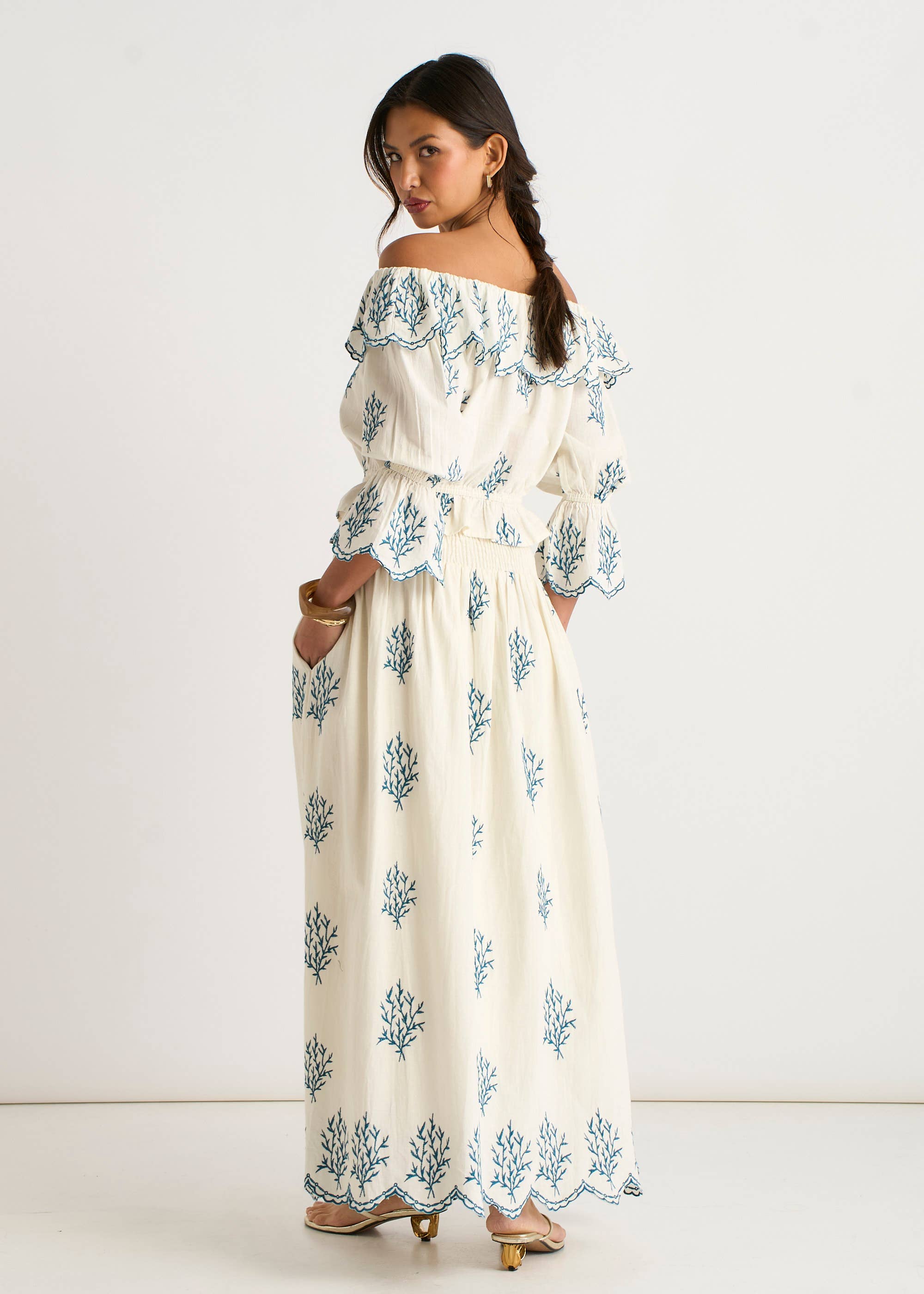 Marshmallow Cotton Embroidered Skater Maxi Skirt