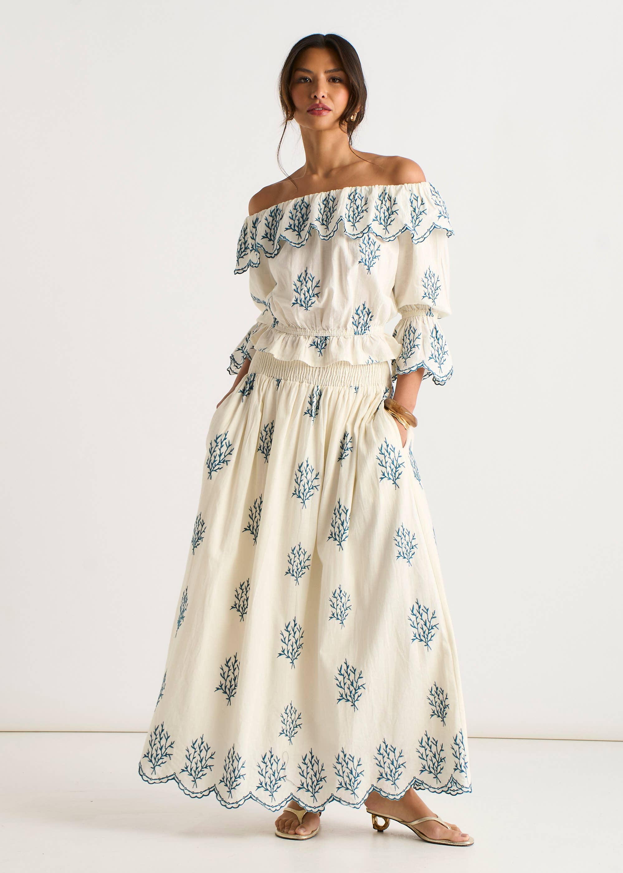 Marshmallow Cotton Embroidered Skater Maxi Skirt