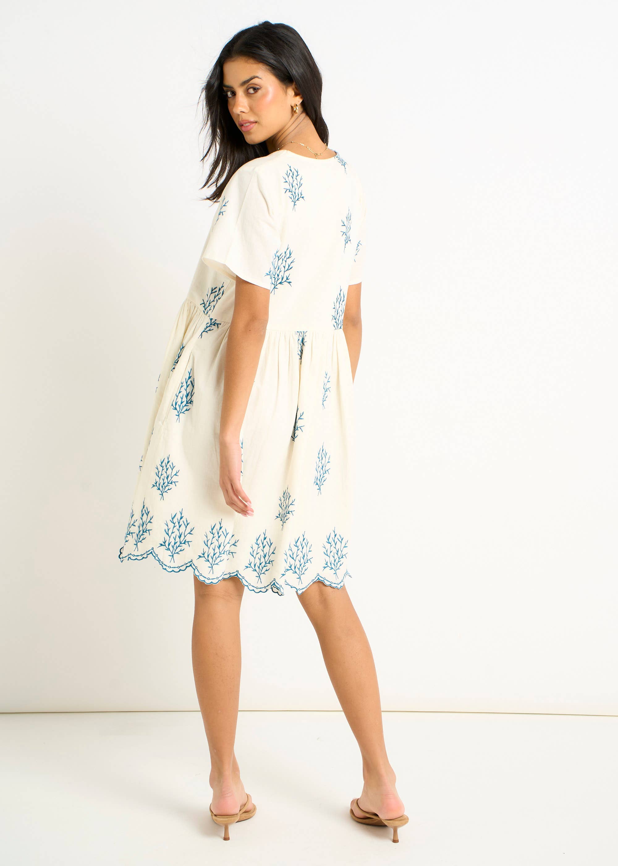 Marshmallow Cotton Embroidered Smock Mini Dress