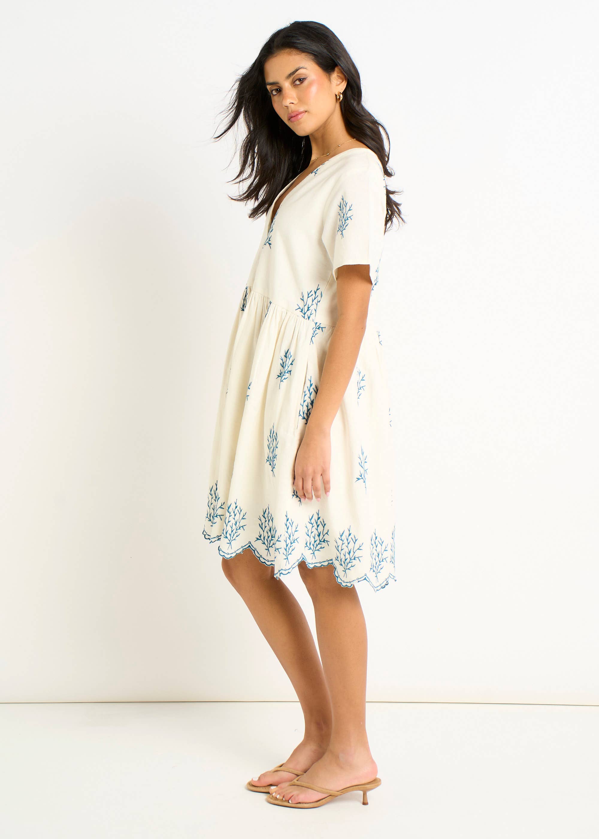 Marshmallow Cotton Embroidered Smock Mini Dress