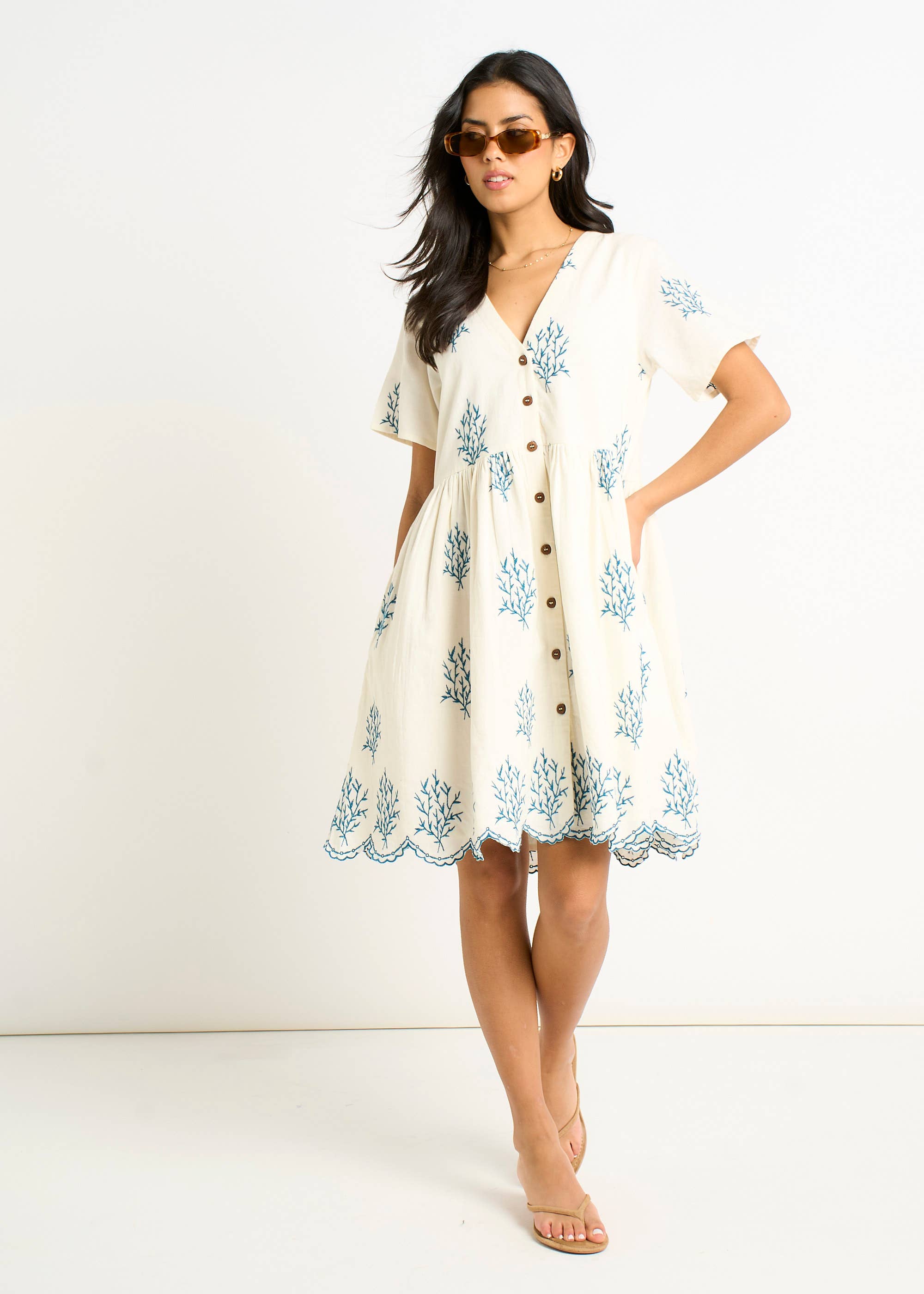 Marshmallow Cotton Embroidered Smock Mini Dress