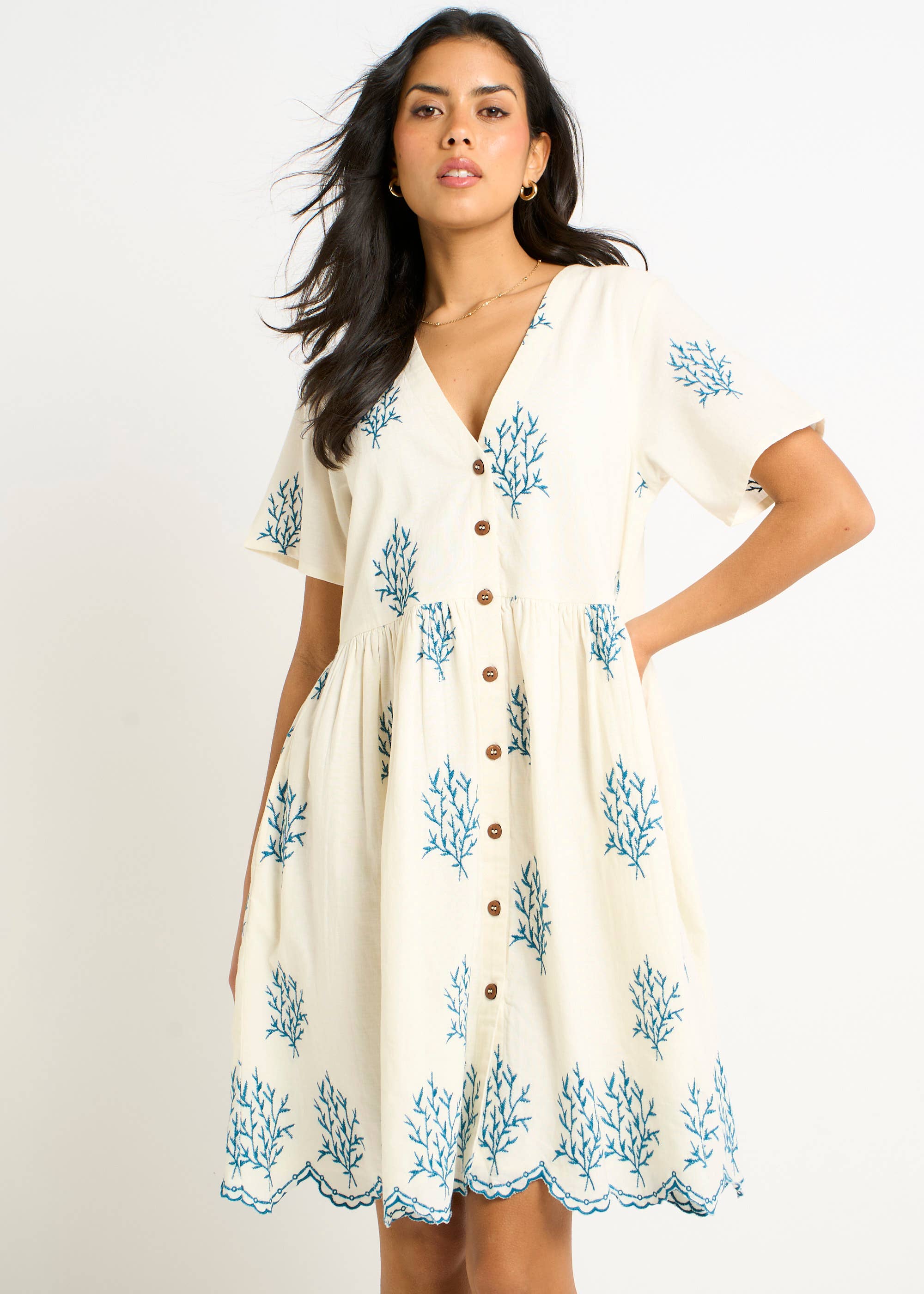 Marshmallow Cotton Embroidered Smock Mini Dress