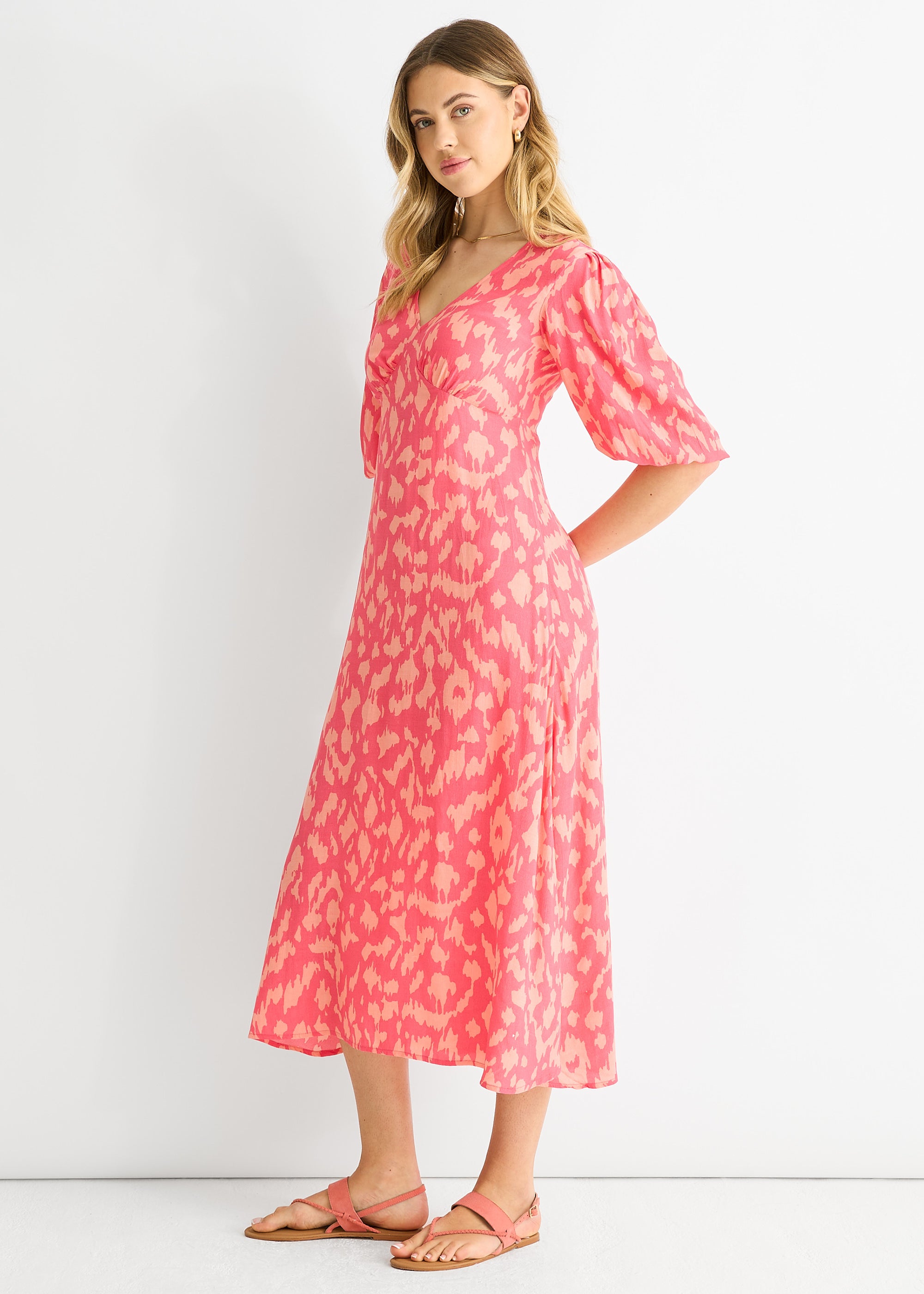 Pink Animal Print Viscose Midi Dress