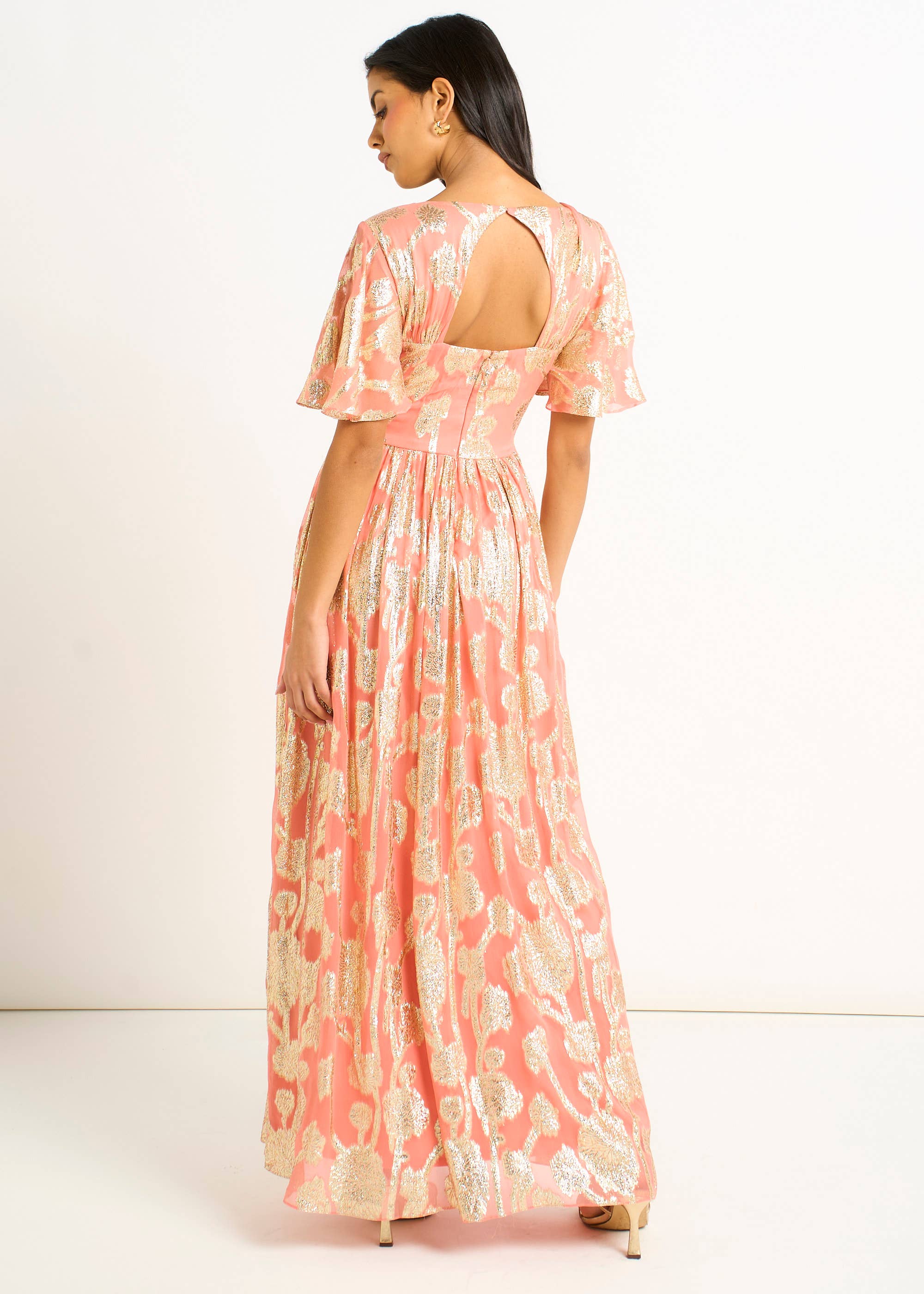 Pink Metallic Jacquard Flutter Sleeves Floral Maxi Dress