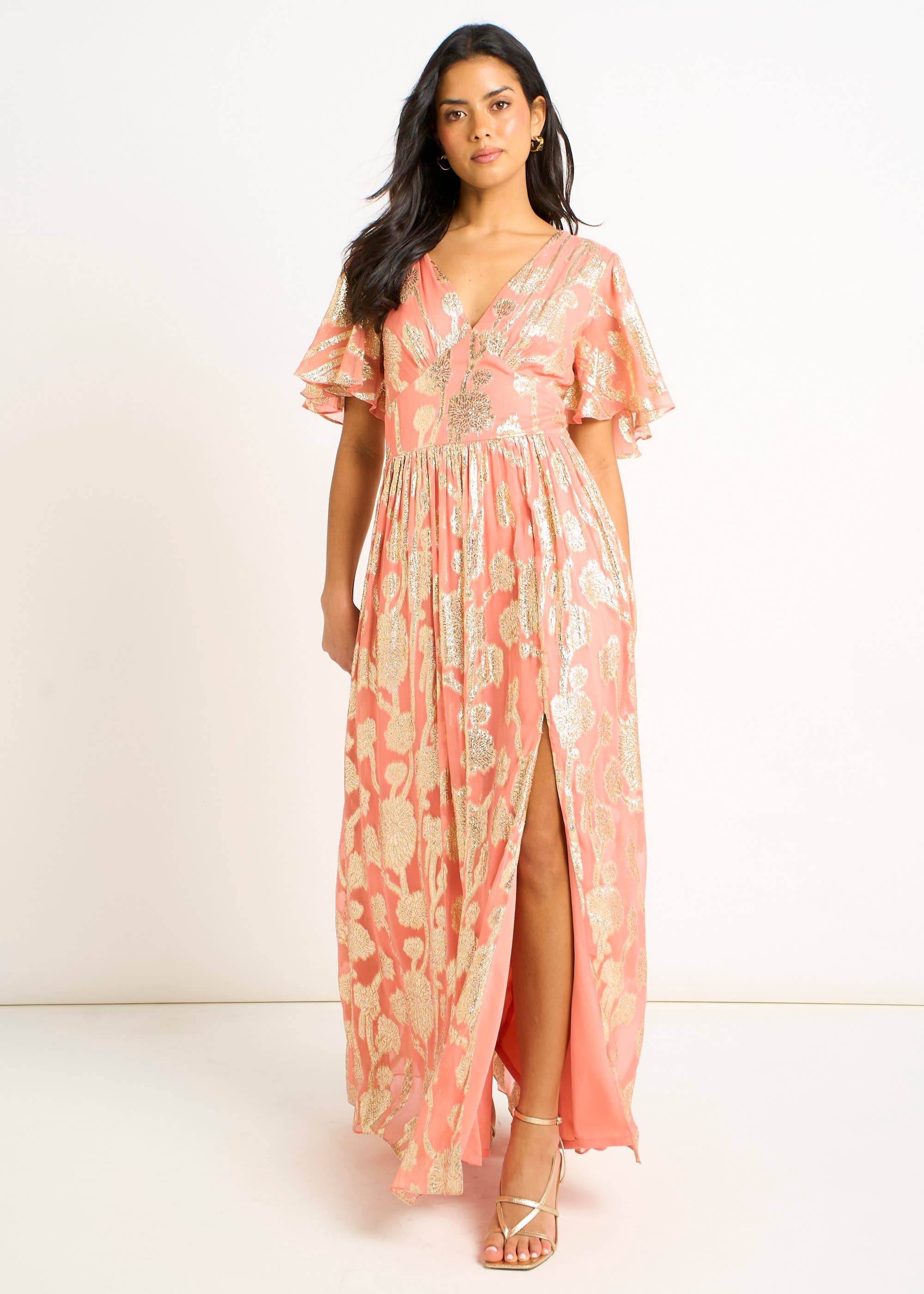 Pink Metallic Jacquard Flutter Sleeves Floral Maxi Dress