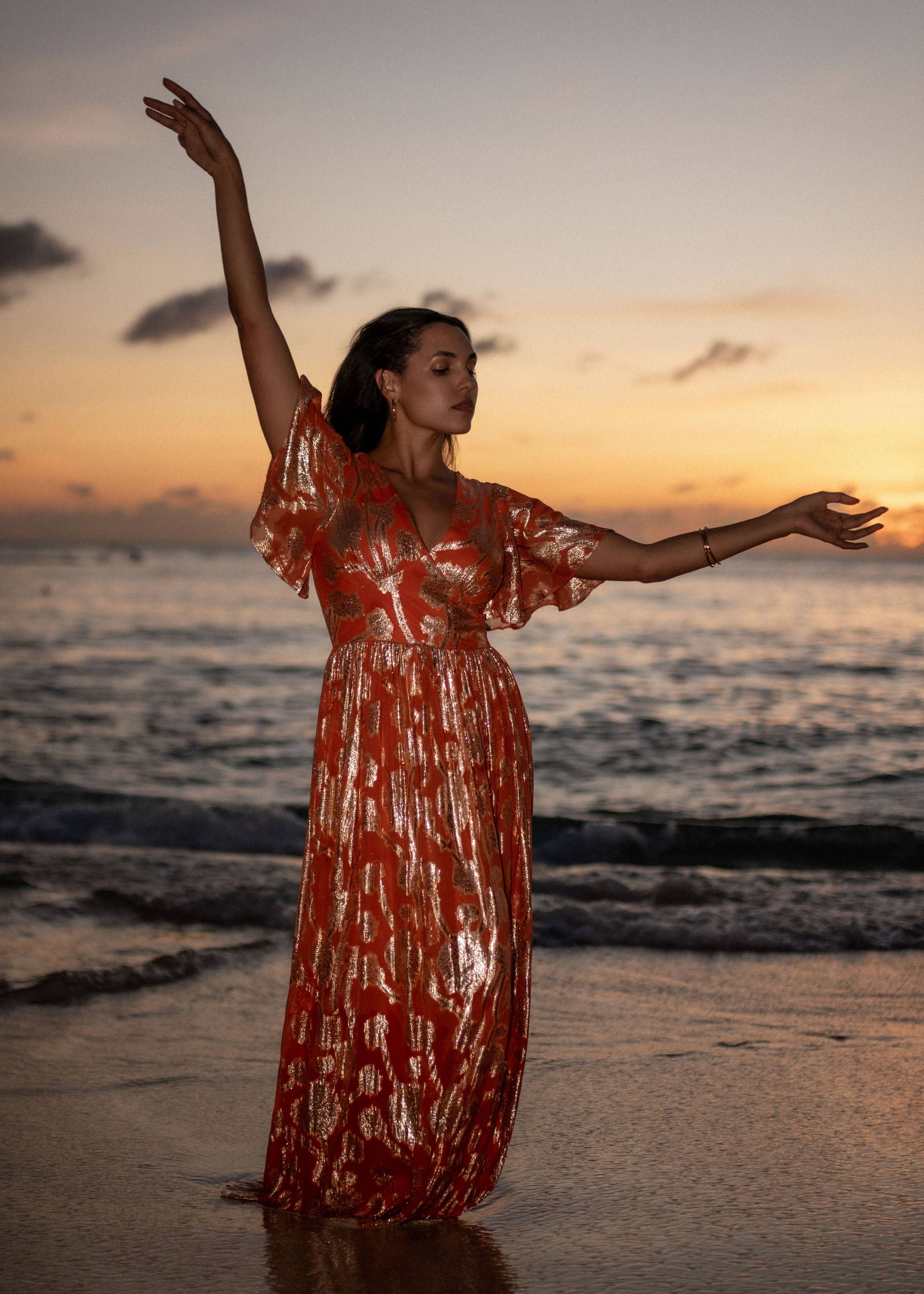 Orange Metallic Jacquard Flutter Sleeves Floral Maxi Dress