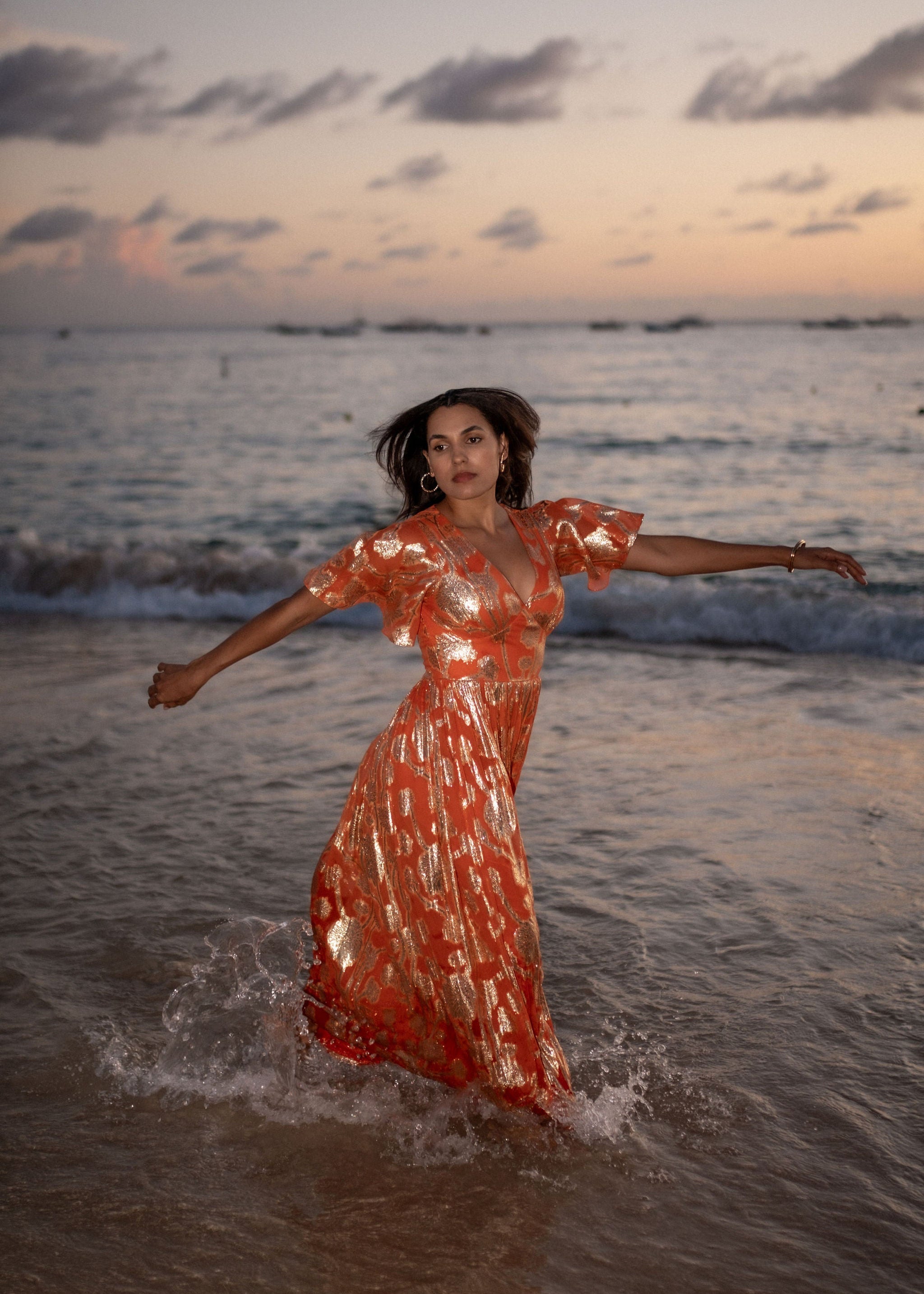 Orange Metallic Jacquard Flutter Sleeves Floral Maxi Dress – Gini