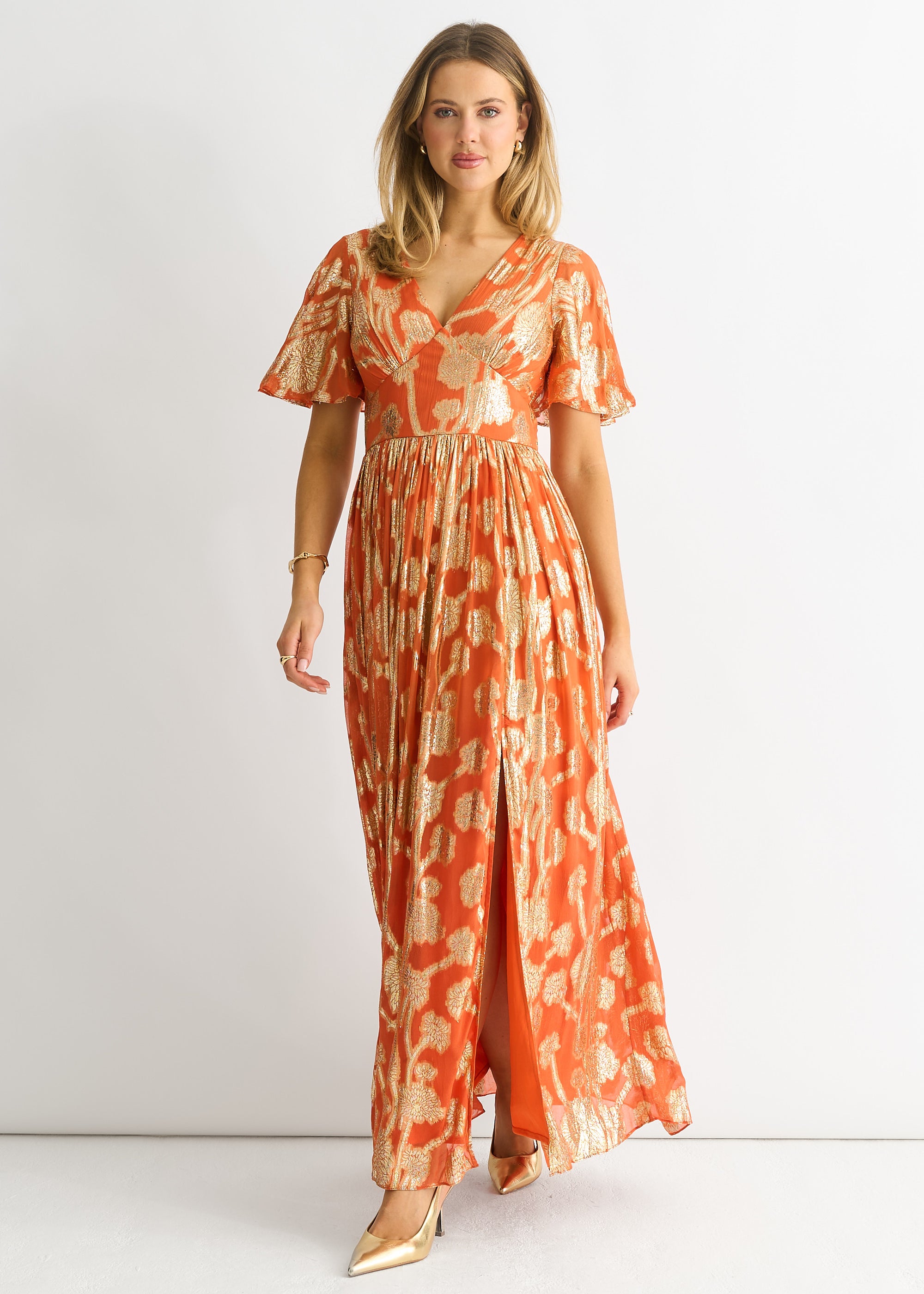 Orange Metallic Jacquard Flutter Sleeves Floral Maxi Dress – Gini