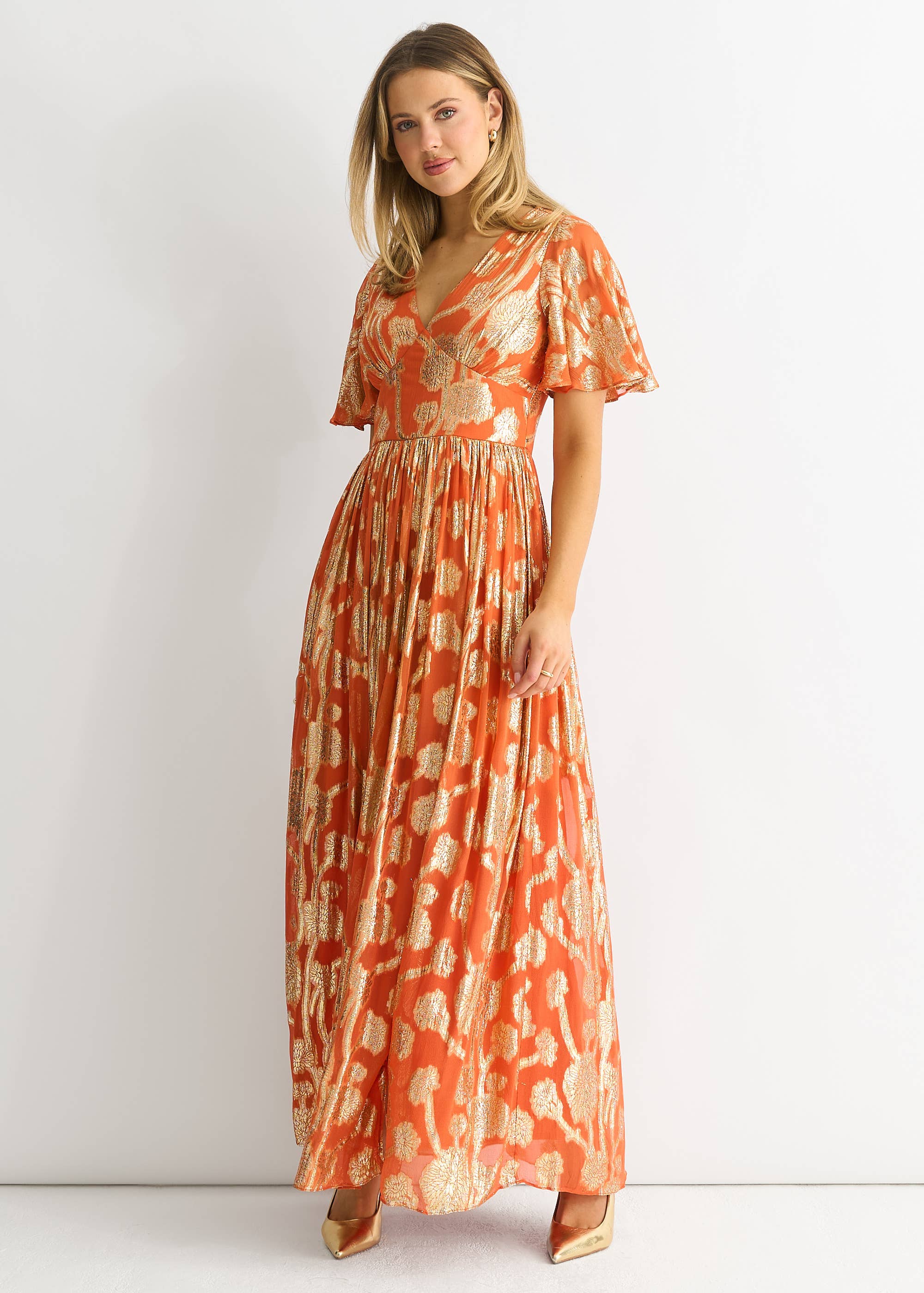 Orange Metallic Jacquard Flutter Sleeves Floral Maxi Dress
