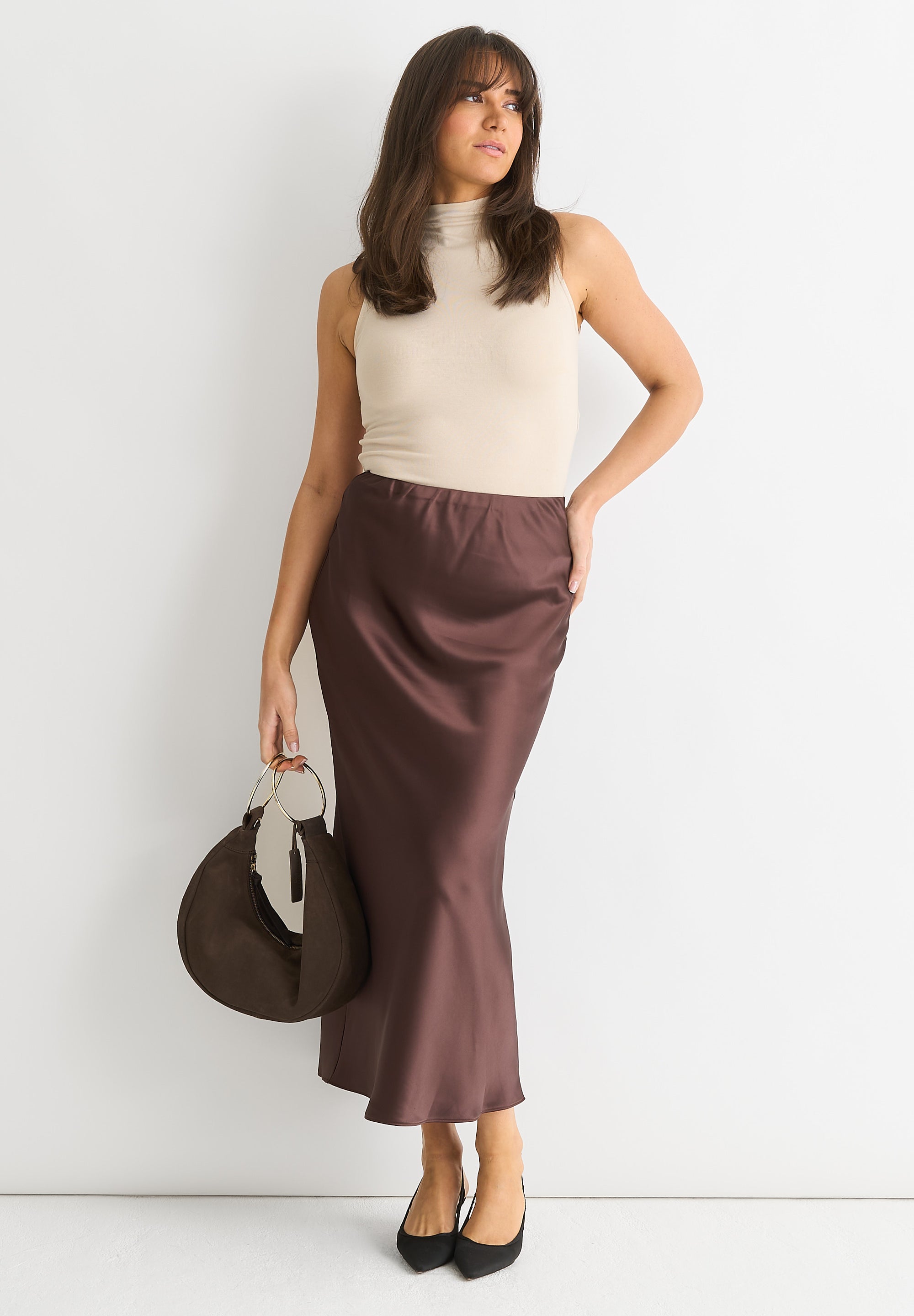 Chocolate Satin Midi Skirt