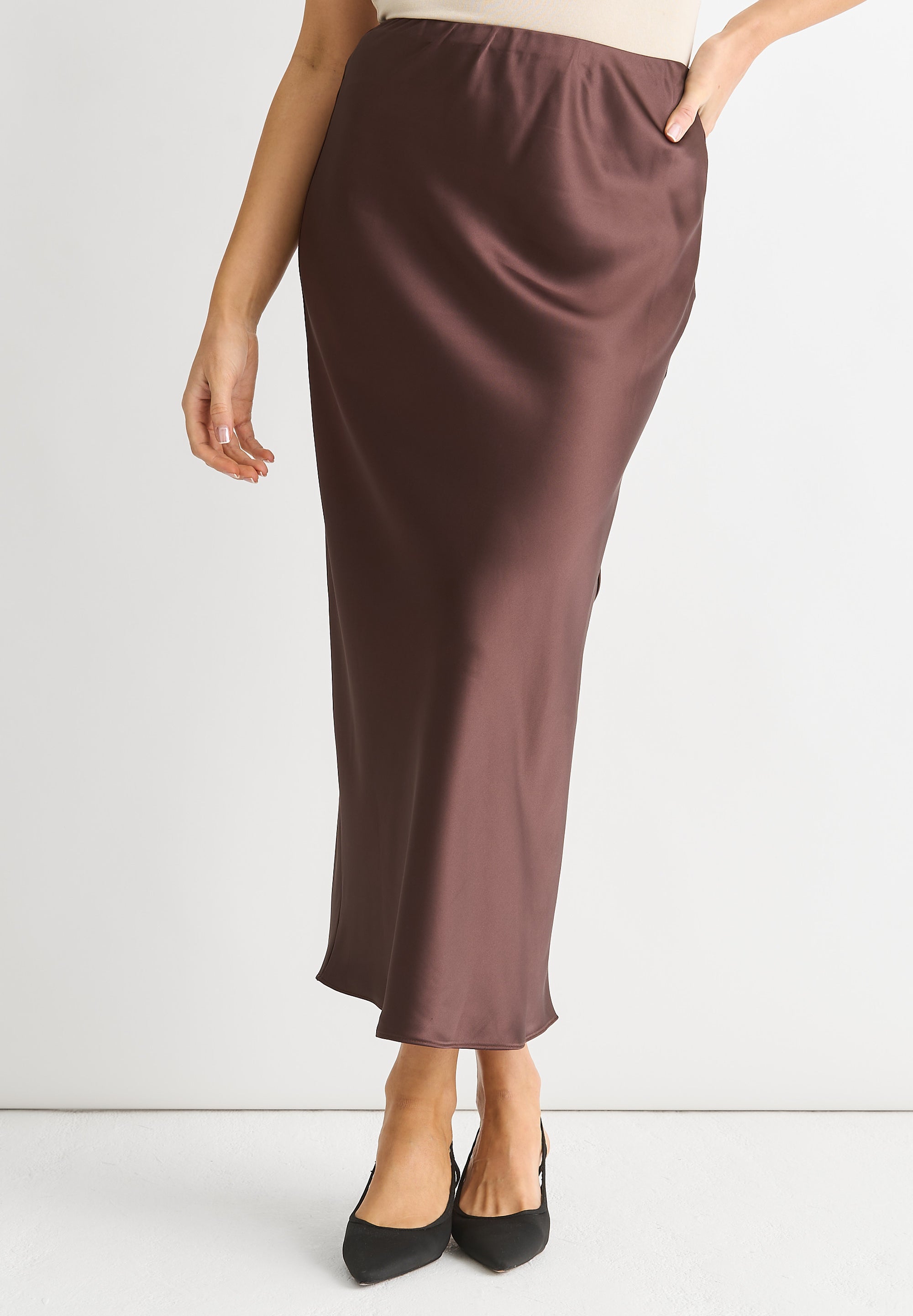 Chocolate Satin Midi Skirt