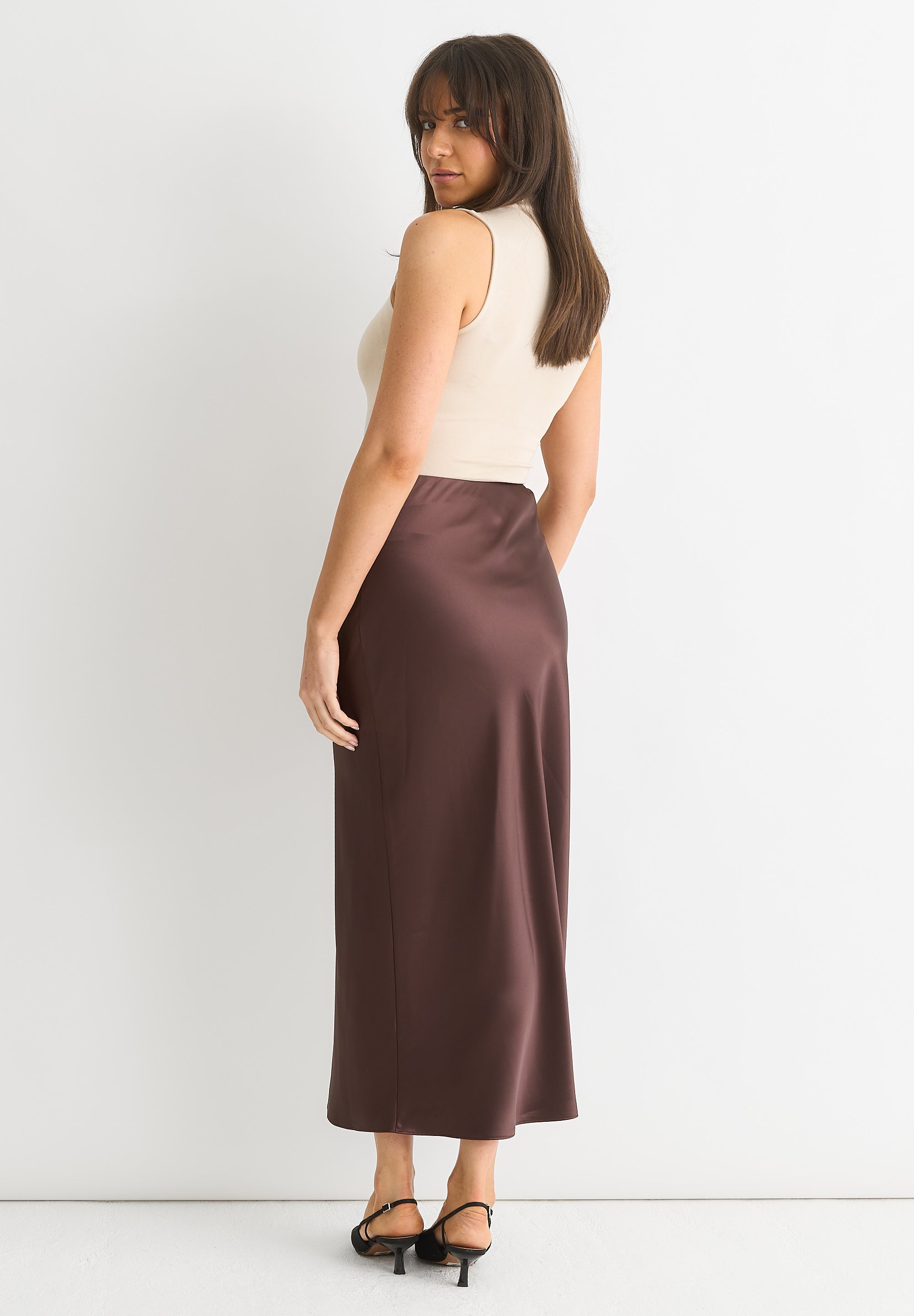 Chocolate Satin Midi Skirt