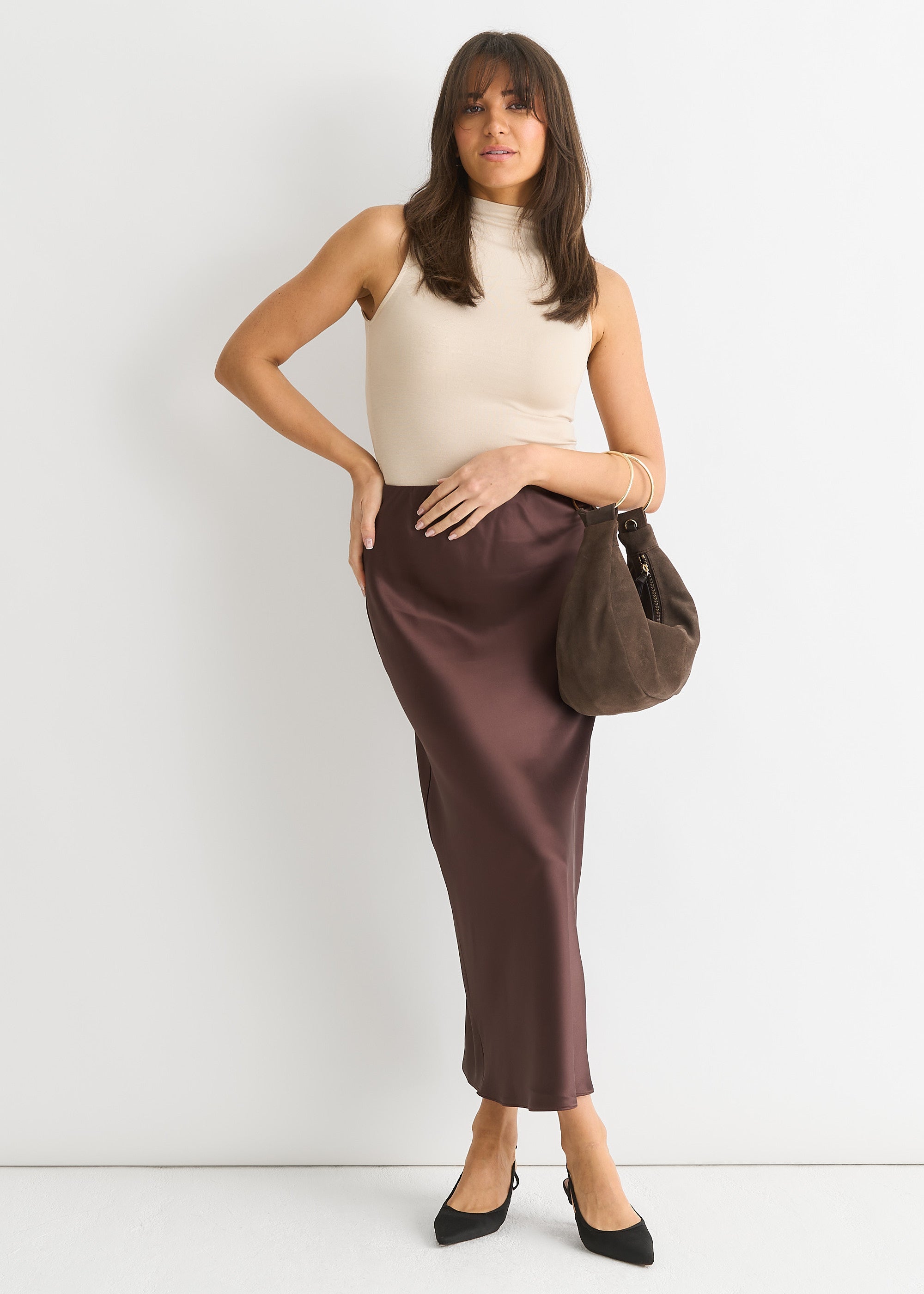 Chocolate Satin Midi Skirt