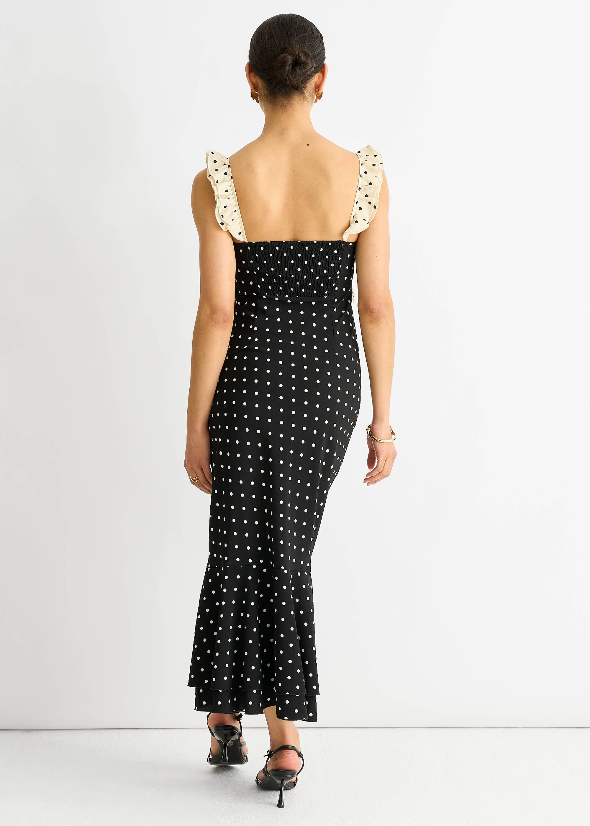 Black Spot Ruffle Bias Midi Dress