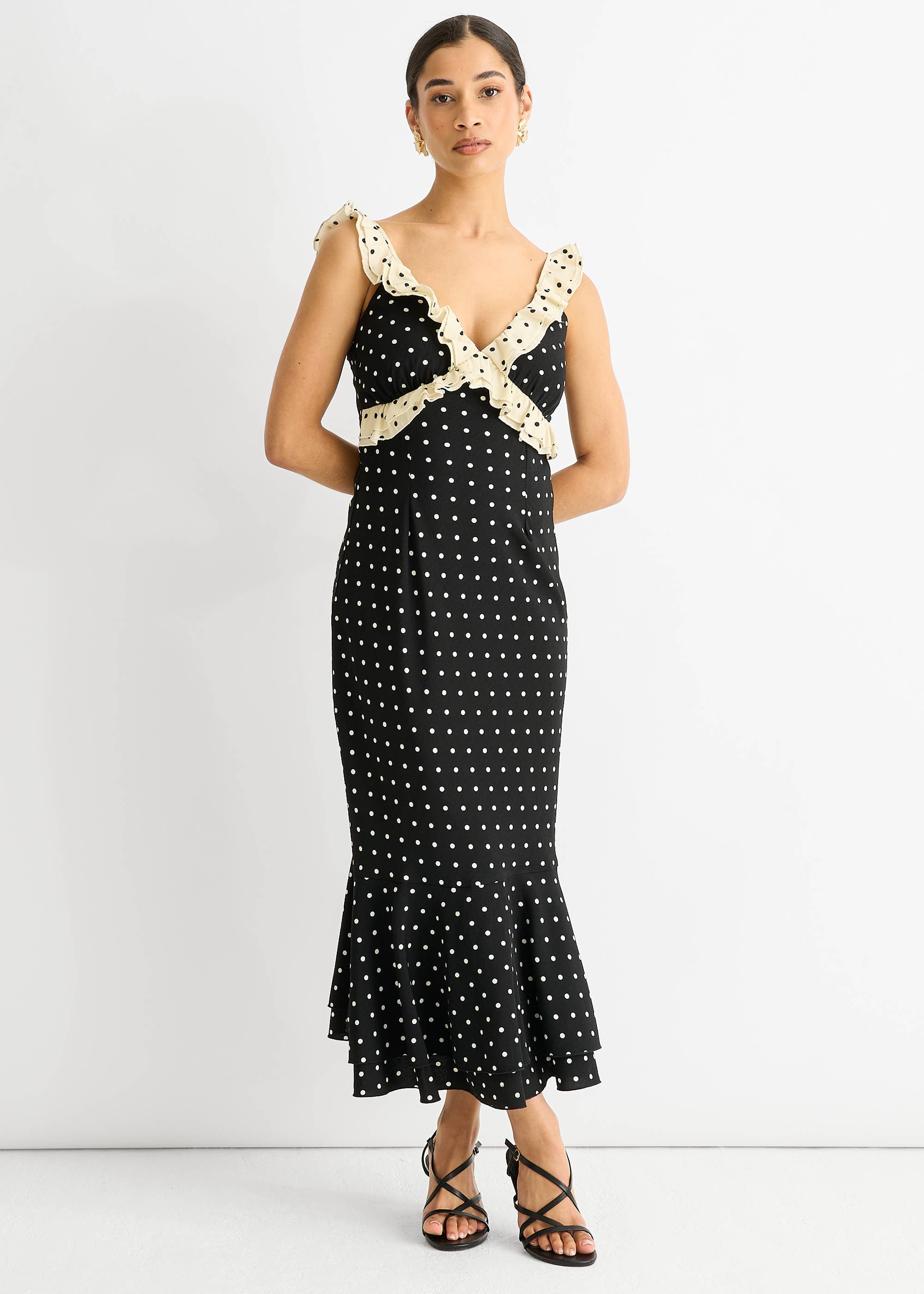 Black Spot Ruffle Bias Midi Dress