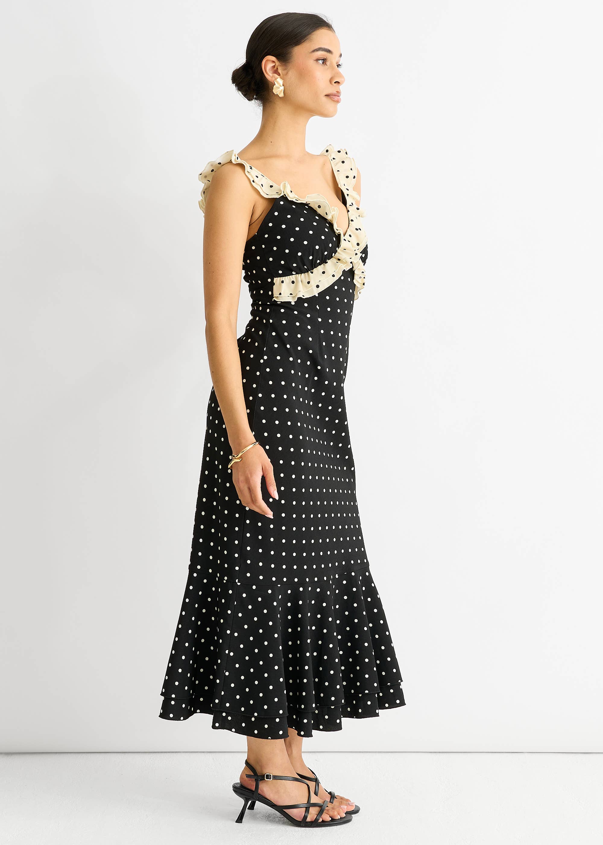 Black Spot Ruffle Bias Midi Dress